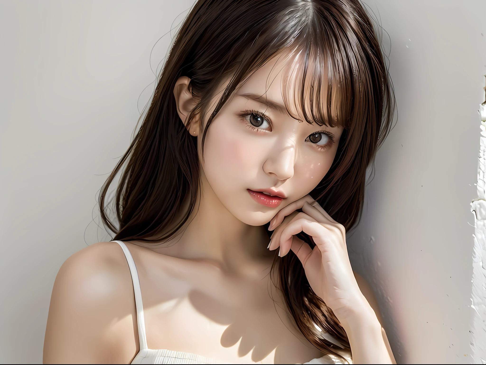 (8k, highest quality, masterpiece: 1.2), (hair_style), (realistic, photorealistic: 1.37), plump eyes, highest quality, masterpiece, ((standing in front of a white wall)), gradient lighting, Japan models, [small breasts], professional lighting, shooting the whole body of the subject from a distance, angle from behind, shooting in a room with light, 2023 Japan trend fashion style, realistic, super detailed, 30s, cute, actress, elaborate CG, slender, hairstyle is straight straight hair, delicate skin type, (emphasis on hair luster), hands placed around the mouth
