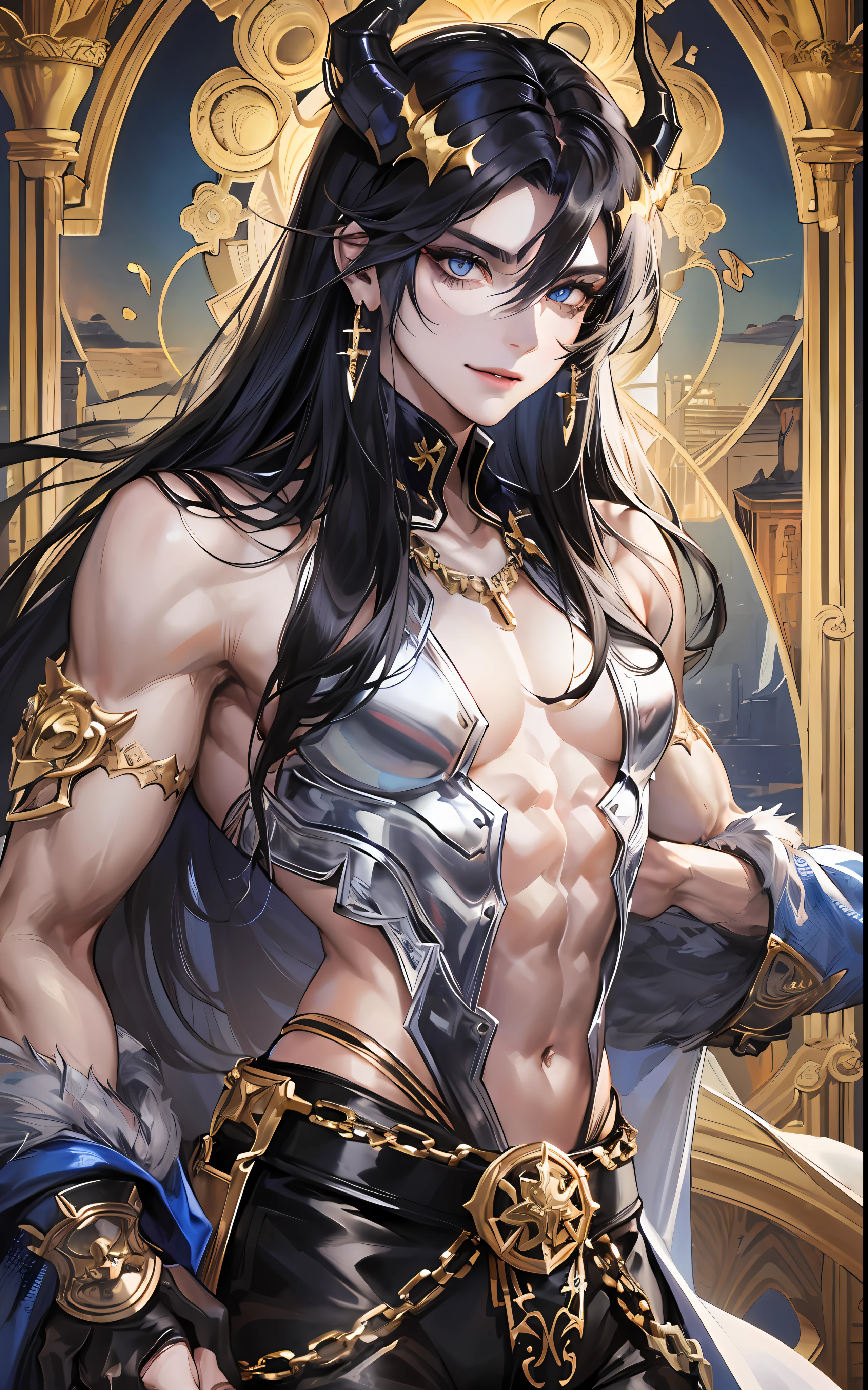 man, masculine, masculine face, attractive, muscular, ((1man)), masterpiece, absurdres, best quality ,intricate details , (shiny skin, shiny body, shiny oily luster skin, shiny hair, pale skintone), Sundown, attractive, ((muscular)), adult, one,medieval clothes, earrings, black pants, Don't look at the view , Not looking at the view, black and blue long hair, perfect detailed face, perfect detailed hands, horns,demon, blue eyes, ((MLS)), smirk, medium large shoot
