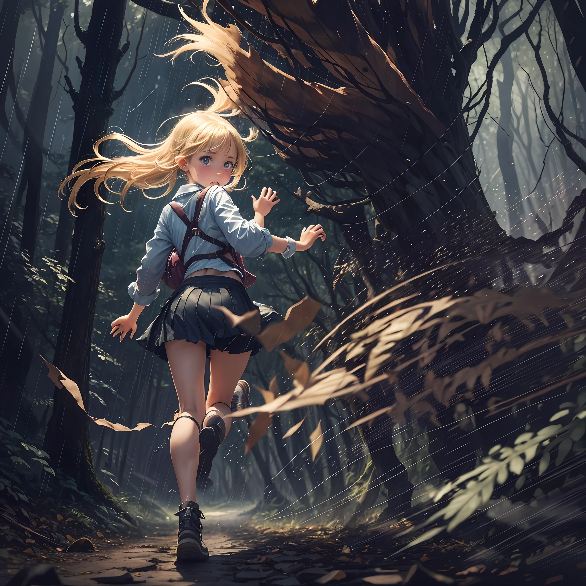 2D drawing. A 5 European blonde girl is in a back position to camera, She is running in a dark and misterious forest, dark old place in a raining day, she is wearing a school uniform with a backpack. She is running fast in the forest, She is crying, scared, sad, The view is from the back, from her back, She's on the run from some ugly, mean pirates. She is running fast and very scared. colorful watercolor - --auto --s2
