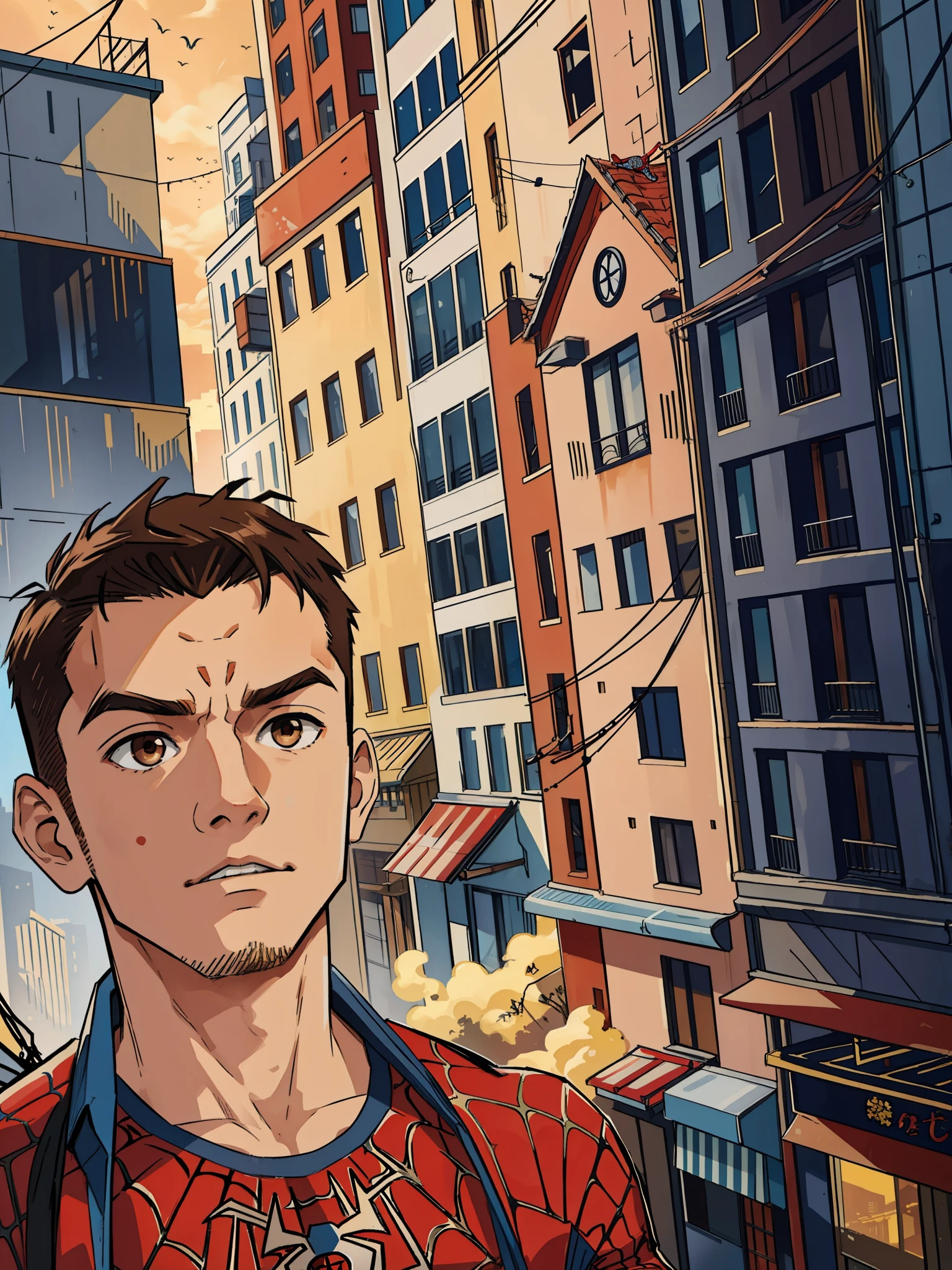 (masterpiece, best quality), intricate details, 8k, artstation, wallpaper, official art, splash art, sharp focus,
1boy, Nakiri Ayame, brown eyes, brown hair,
spider suit, spider web print, spider web,
skyscrappers, city, buildings, cars, street, superhero pose, one person, city background empty, boy wearing spider-man suit, hair spiked up a bit, no hair on forehead, only brown hair, clean empty background no animals or blobs in background, only buildings in background, no chin hair, clean chin