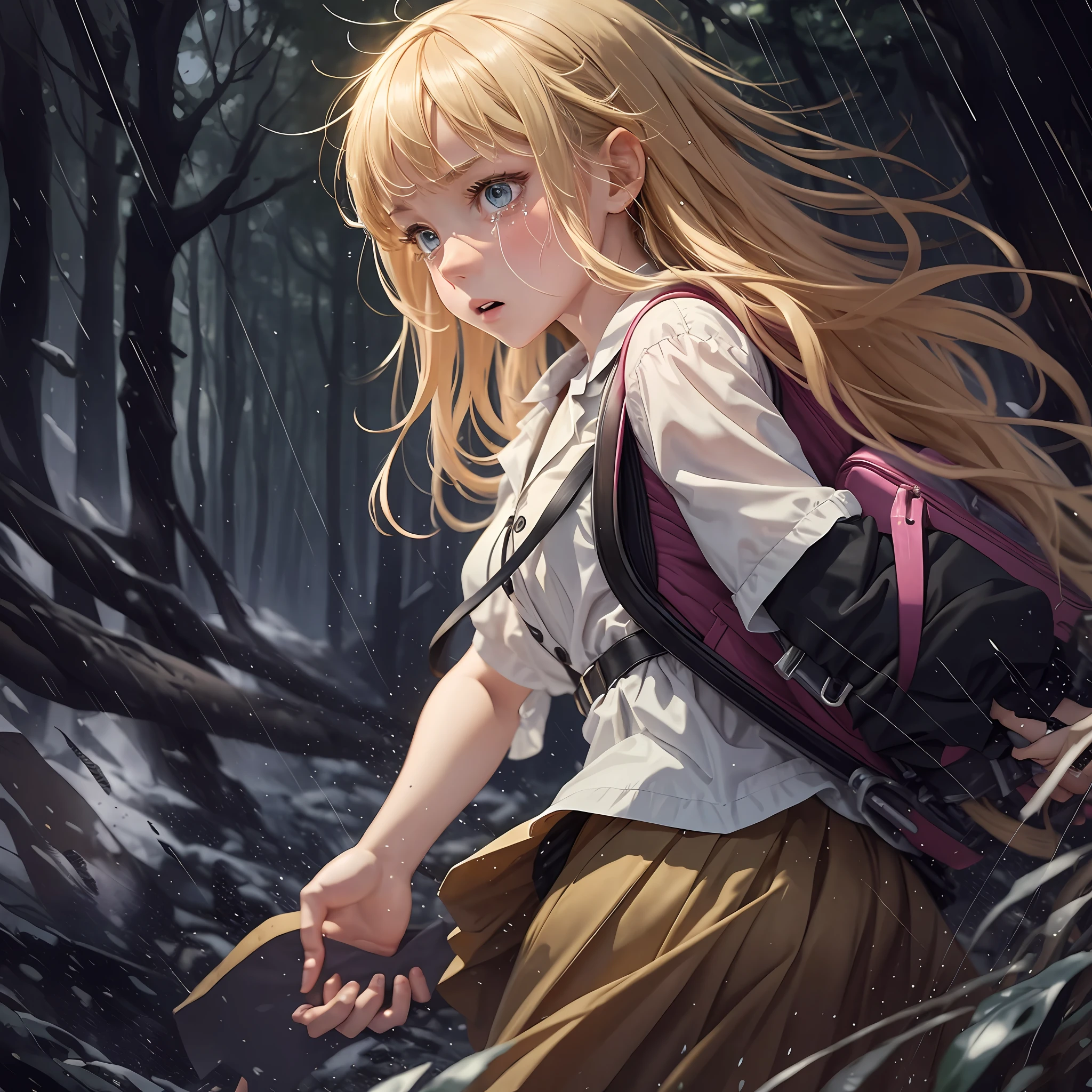 2D drawing. A 5 year old European blonde girl is in a back position to camera, She is running in a dark and misterious forest, dark old place in a raining day, she is wearing a school uniform with a backpack. She is running fast in the forest, She is crying, scared, sad, The view is from the back, from her back, She's on the run from some ugly, mean pirates. She is running fast and very scared. colorful watercolor - --auto --s2