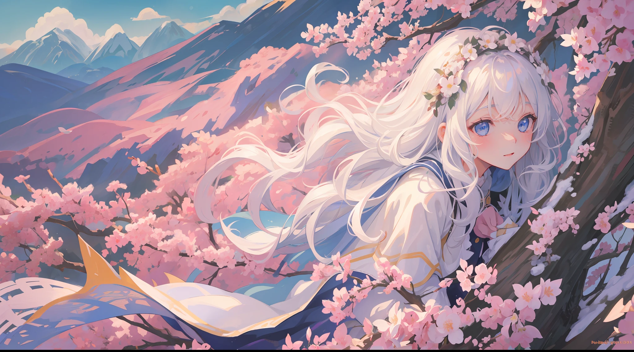 (1girl:1.2), slight blush, hands down, wavy hair, long hair, fluffy hair, white hair, blue eyes, sakura tree, hair flower, capelet, lace trim, bodice, wind, winter, mountain range, mountain sitting near mountain, detailed water, sparkling eyes, light smile, peaceful, extremely detailed, depth of field, cinematic lighting, Ghibli-like colours, high detail, scenery, high place, horizon, wind, wind blow, looking at viewer, ta clothes, 8k, bokeh, from side, award winning, (masterpiece:1.2), best quality, anatomically correct, perfect hands