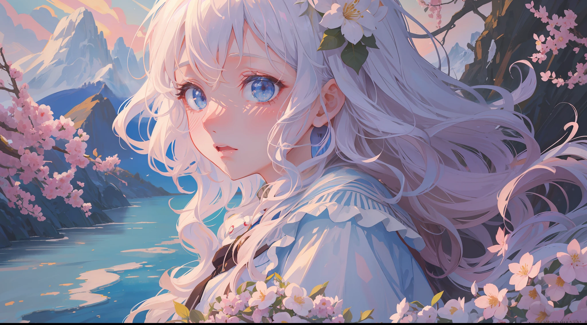 (1girl:1.2), slight blush, hands down, wavy hair, long hair, fluffy hair, white hair, blue eyes, sakura tree, hair flower, capelet, lace trim, bodice, wind, winter, mountain range, mountain sitting near mountain, detailed water, sparkling eyes, light smile, peaceful, extremely detailed, depth of field, cinematic lighting, Ghibli-like colours, high detail, scenery, high place, horizon, wind, wind blow, looking at viewer, ta clothes, 8k, bokeh, from side, award winning, (masterpiece:1.2), best quality, anatomically correct, perfect hands