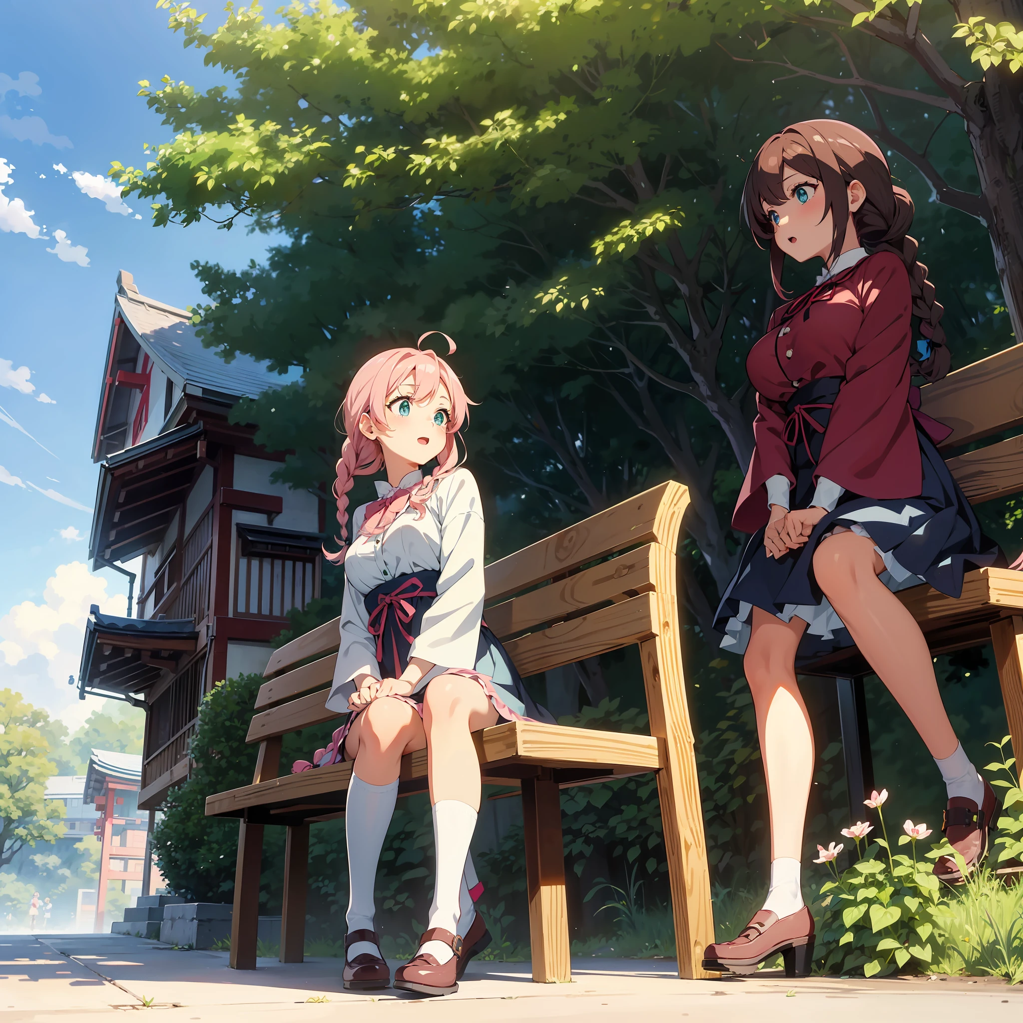 Anime illustrations in the style of "Kyoto Animation", highest quality, (cute: 1.1), (cute), (high resolution: 1.2), incredibly ridiculous: 1.3, incredibly fine illustrations, break 1 beautiful girl, Solo, (heterochromia, light blue eyes and light green eyes), silhouette of star eyes, solo, standing figure, happy, :d, princess eyes, big breasts, break, braid, light pink hair, semi-long hair, red ribbon at the end of braid, sitting on a bench, Angle from below, looking at iPhone, park, worried