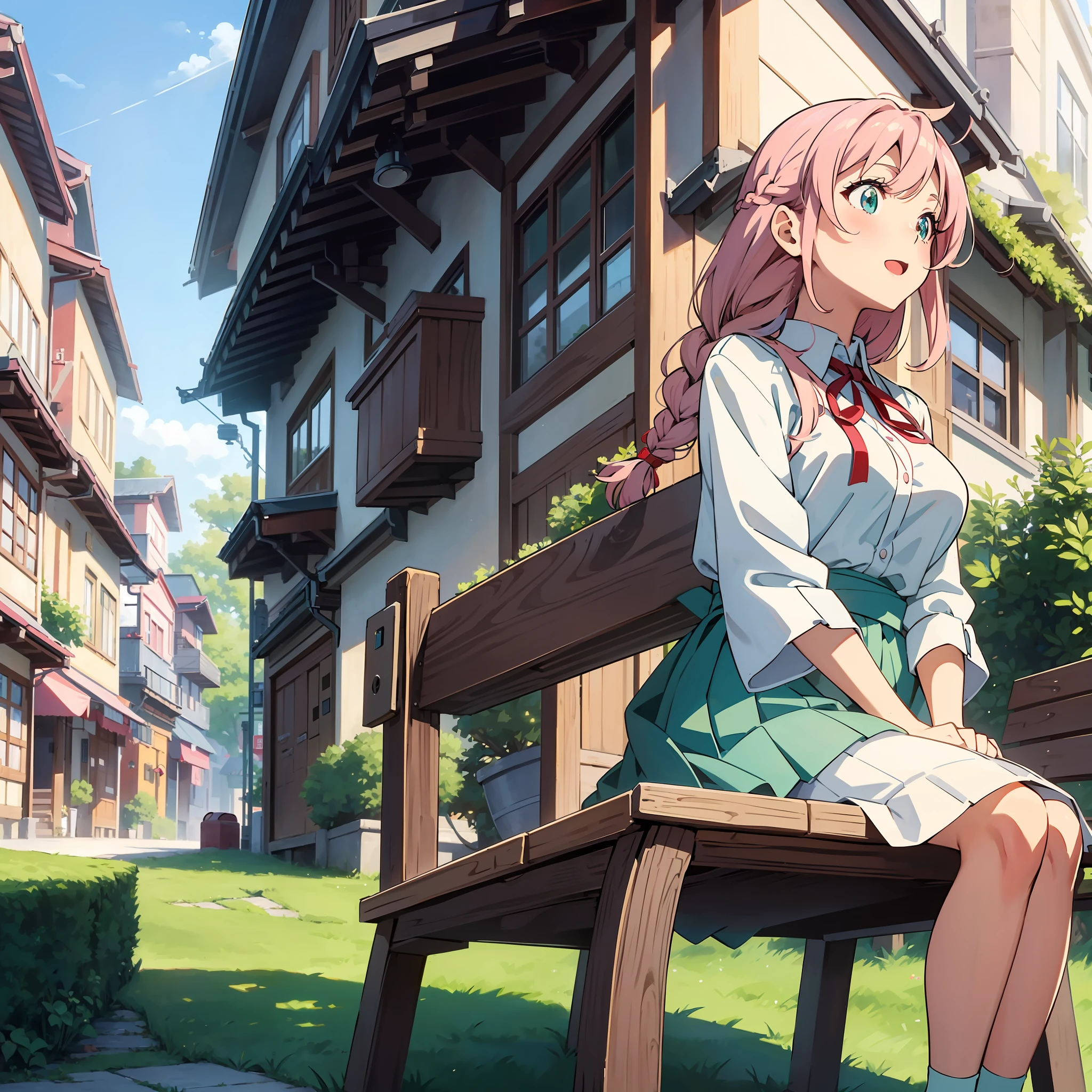 Anime illustrations in the style of "Kyoto Animation", highest quality, (cute: 1.1), (cute), (high resolution: 1.2), incredibly ridiculous: 1.3, incredibly fine illustrations, break 1 beautiful girl, Solo, (heterochromia, light blue eyes and light green eyes), silhouette of star eyes, solo, standing figure, happy, :d, princess eyes, big breasts, break, braid, light pink hair, semi-long hair, red ribbon at the end of braid, sitting on a bench, Angle from below, looking at iPhone, park, worried