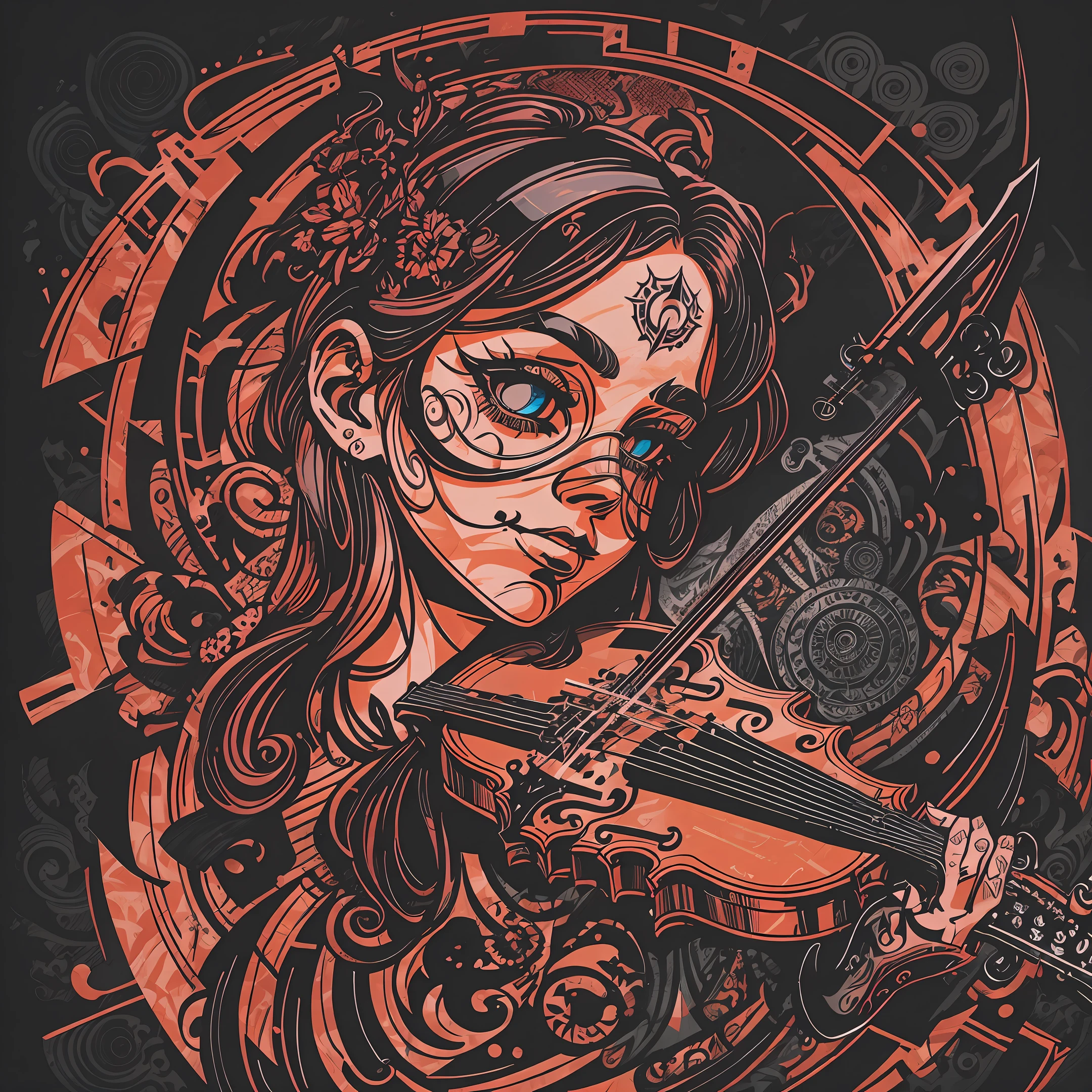 t-shirt art, 2D, ((black background: 1, 5)), vector, vivid colors, violin and sheet music, dystopian stage, masterpiece, best quality, intricate details, perfect symmetrical face, rim light, moonlight, shading Cinematographer, Greg Rutkowisk --auto --s2