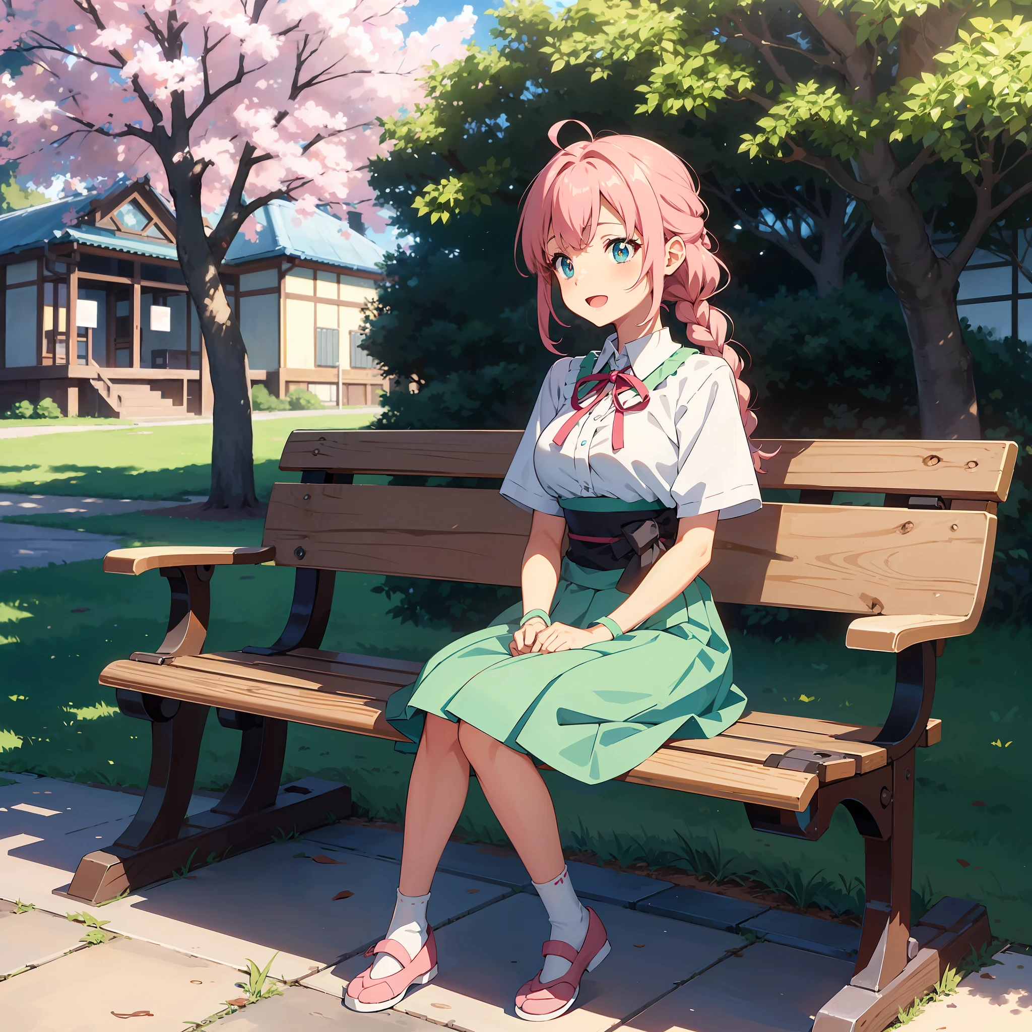 Anime illustrations in the style of "Kyoto Animation", highest quality, (cute: 1.1), (cute), (high resolution: 1.2), incredibly ridiculous: 1.3, incredibly fine illustrations, break 1 beautiful girl, Solo, (heterochromia, light blue eyes and light green eyes), silhouette of star eyes, solo, standing figure, happy, :d, princess eyes, big breasts, break, braid, light pink hair, semi-long hair, red ribbon at the end of braid, sitting on a bench, Angle from below, looking at iPhone, park, worried