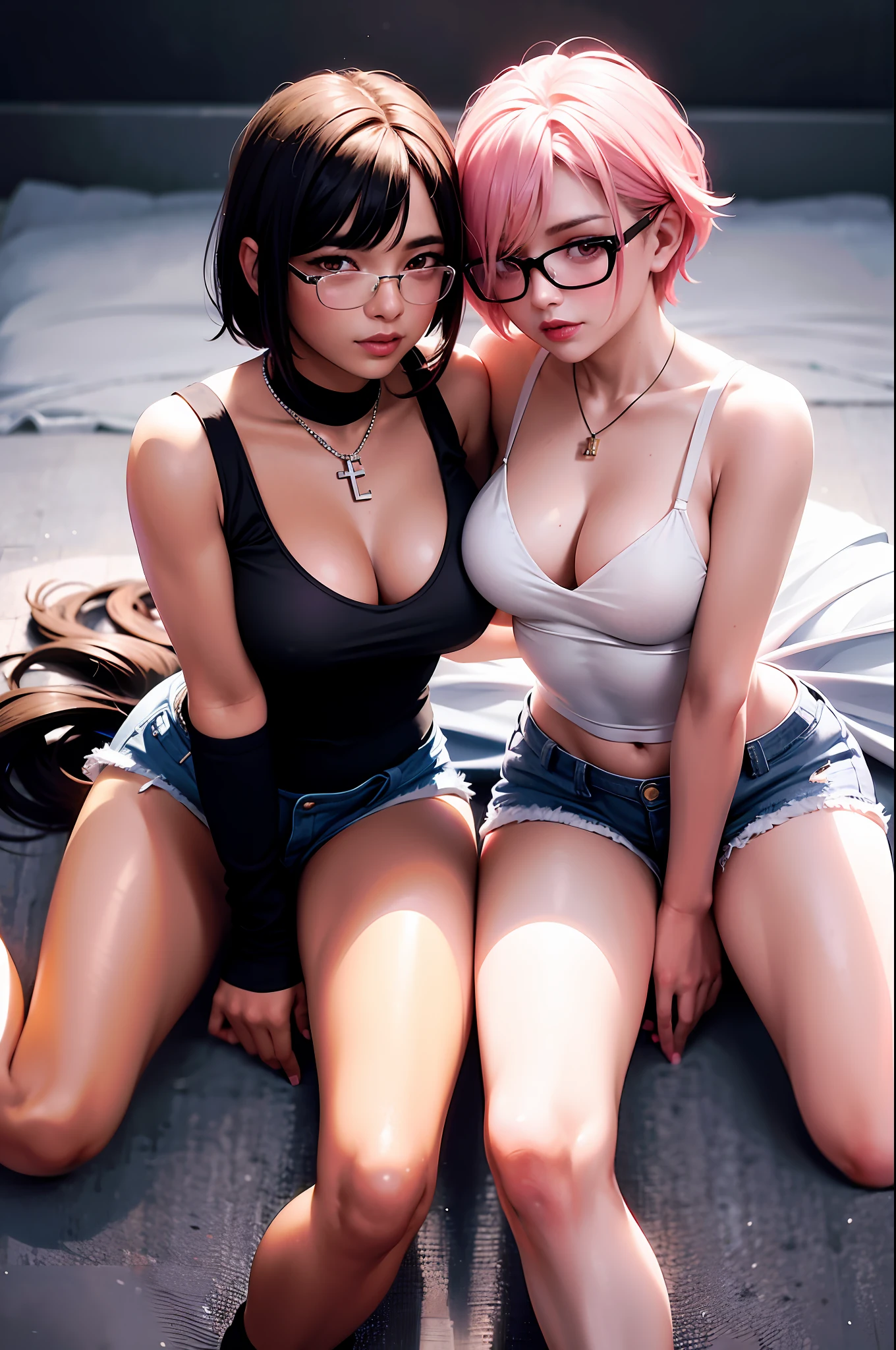 2 women with short hair falling into strands with tip at the end, one woman with pink hair and the other with white hair, (black tank top: 1.2), (black broken shorts: 1.2), fishnet stockings, thigh high stockings, yellow eyes, glasses, carabaas, pendants, (big tits: 1.5), large hips, (abraso), (looking at camera), without panties, makeup, (2 girls), best quality, masterpiece, (realistic: 1.2), young women, detailed face, detailed eyes, detailed hair, detailed skin, dramatic, vibrant, sharp focus, 50mm, F1.2, EOS R8, (3/4 body: 1.2), standing, (complex background: 1.6), (Best quality details: 1.2), 8K High definition, 2 girls hugging each other looking at the camera with a small smile on their face, (small smile), (view from above: 1.5), (sit on floor), (sitt on floor), top view, (view from above) thick white liquid splashed on the girls' bodies and on the floor,