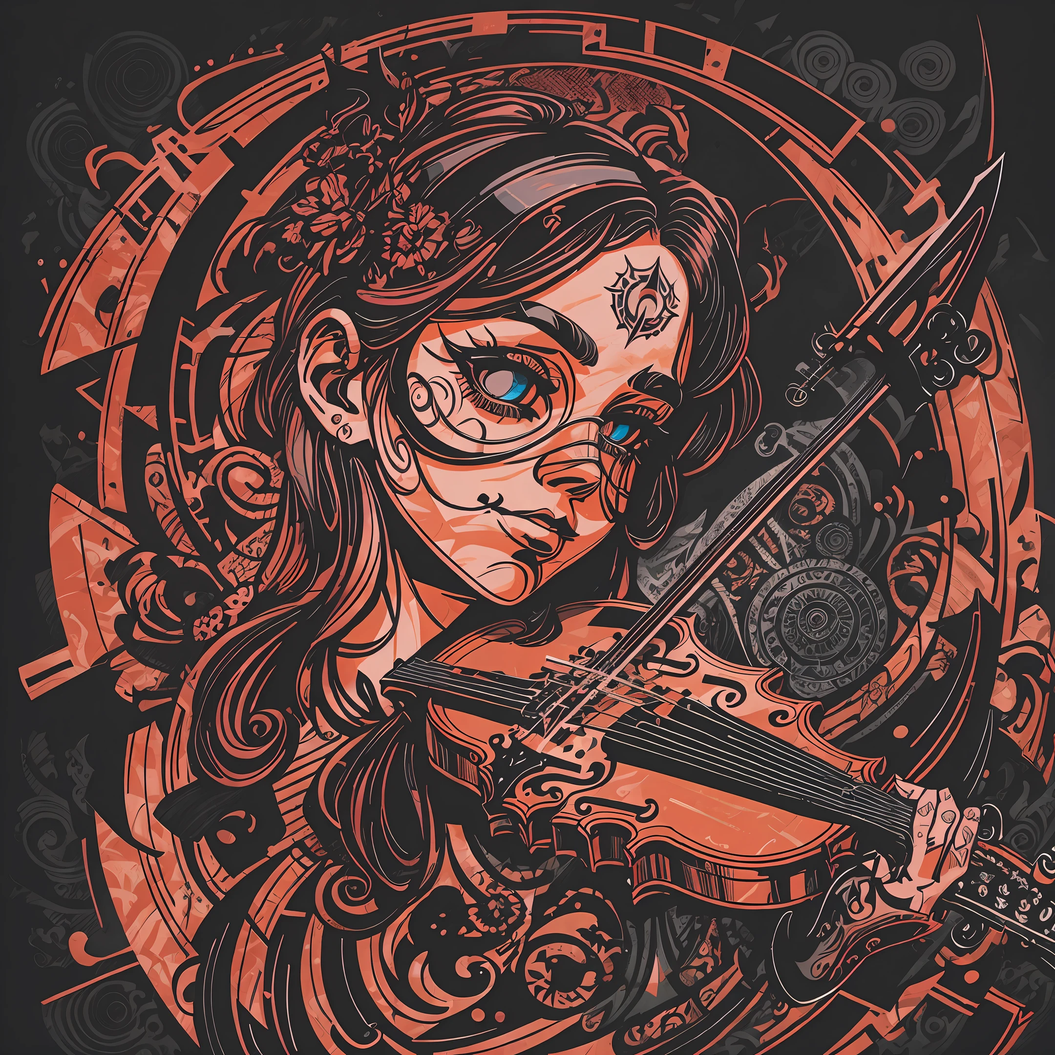 t-shirt art, 2D, ((black background: 1, 5)), vector, vivid colors, violin and sheet music, dystopian stage, masterpiece, best quality, intricate details, perfect symmetrical face, rim light, moonlight, shading Cinematographer, Greg Rutkowisk --auto --s2