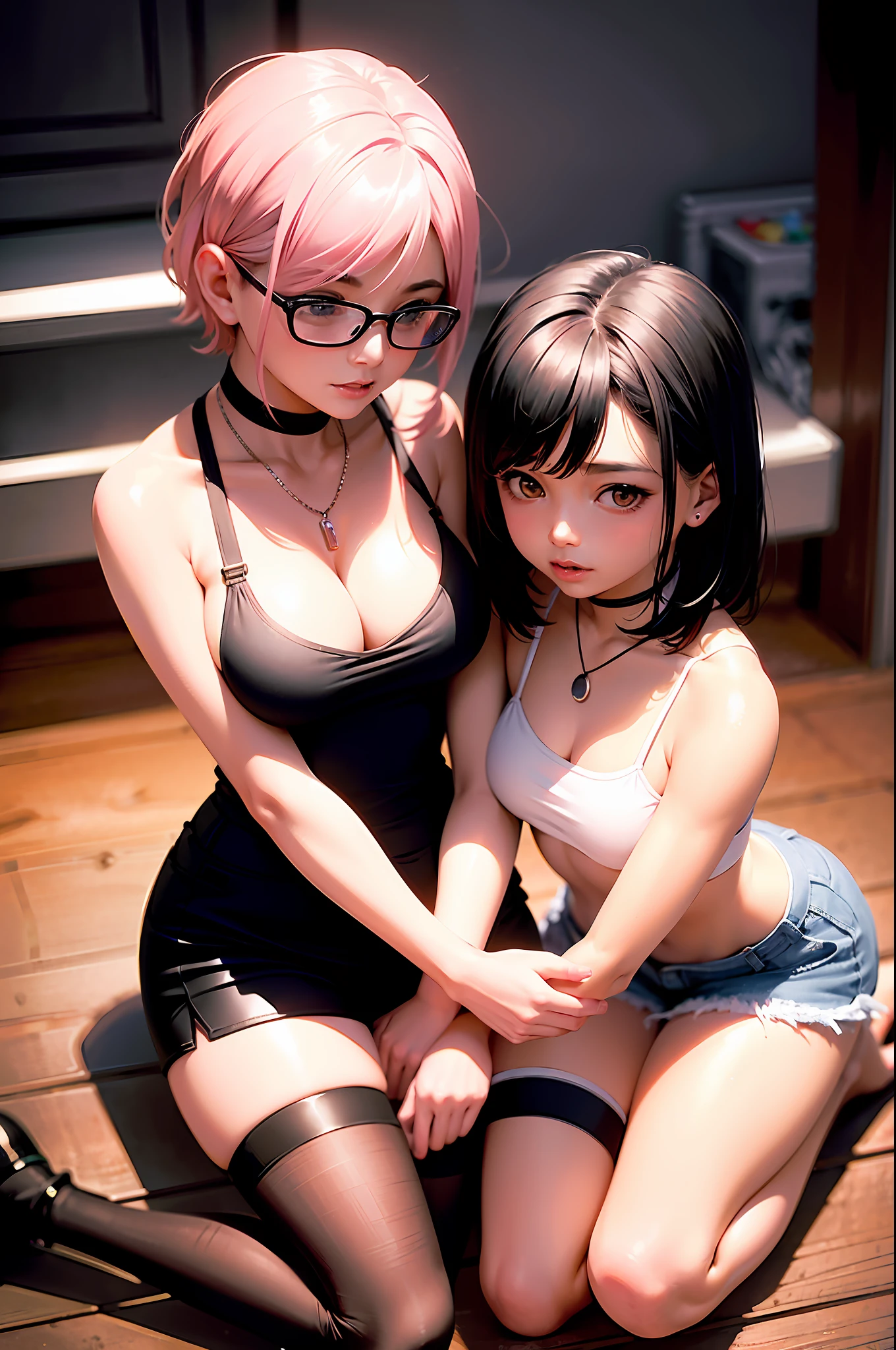2 women with short hair falling into strands with tip at the end, one woman with pink hair and the other with white hair, (black tank top: 1.2), (black broken shorts: 1.2), fishnet stockings, thigh high stockings, yellow eyes, glasses, carabaas, pendants, (big tits: 1.5), large hips, (abraso), (looking at camera), without panties, makeup, (2 girls), best quality, masterpiece, (realistic: 1.2), young women, detailed face, detailed eyes, detailed hair, detailed skin, dramatic, vibrant, sharp focus, 50mm, F1.2, EOS R8, (3/4 body: 1.2), standing, (complex background: 1.6), (Best quality details: 1.2), 8K High definition, 2 girls hugging each other looking at the camera with a small smile on their face, (small smile), (view from above: 1.5), (sit on floor), (sitt on floor), top view, (view from above) thick white liquid splashed on the girls' bodies and on the floor,