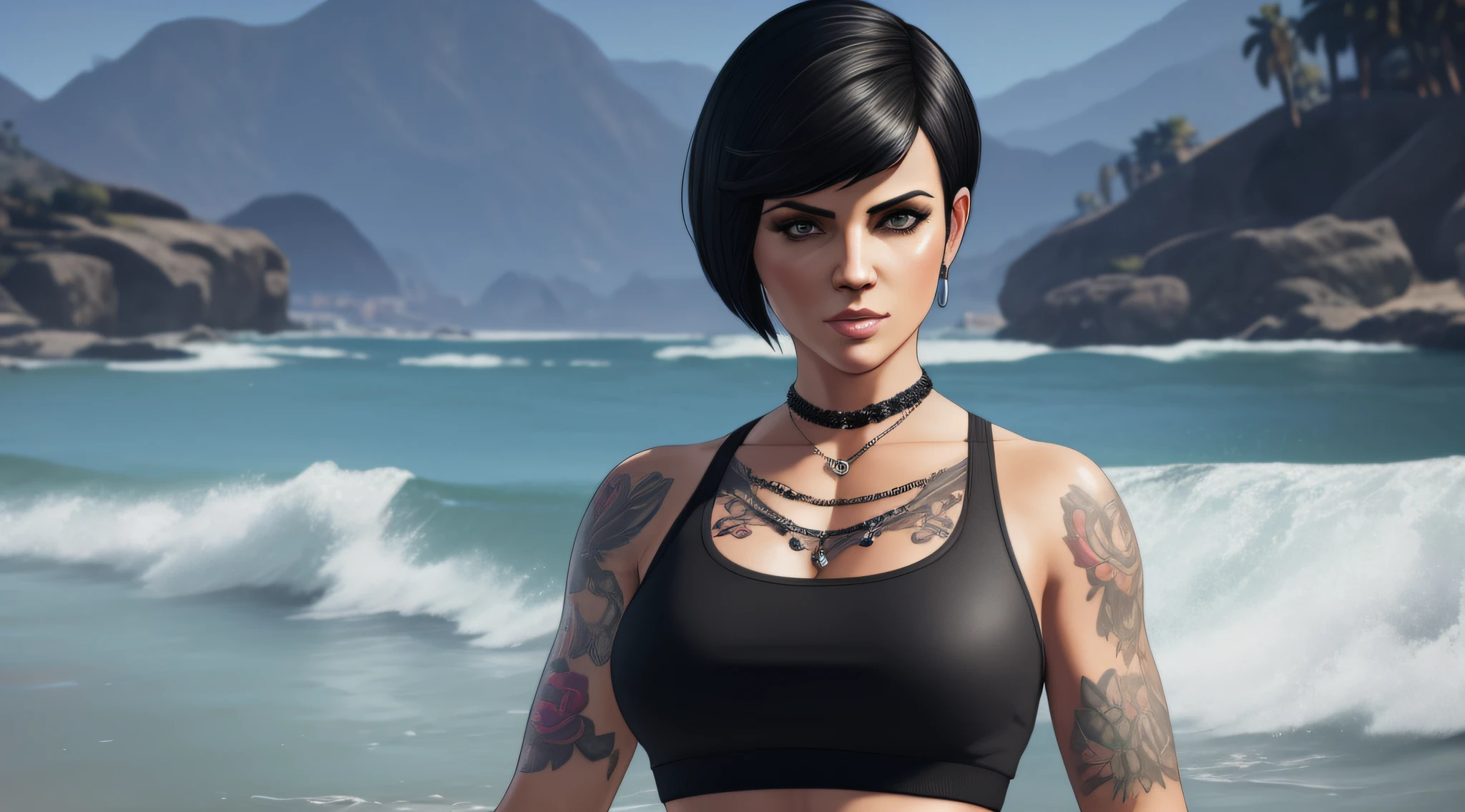 realistic, detailed, photorealistic, 8k, ((gta v style)), ((best quality)), ((masterpiece)), a woman with short black chanel hair, blue eye, full body, black clothes, fitness body, old school tattoos.