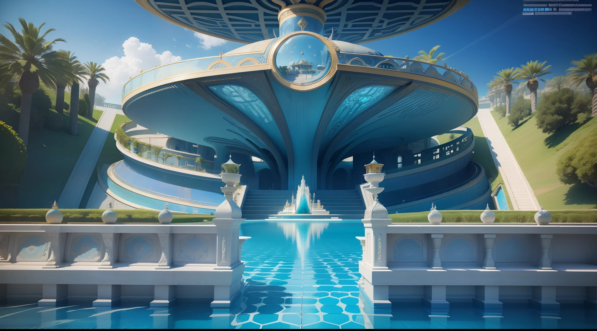 a close up of a pool with a lounge chair in it, futuristic persian palace, a pool inside the giant palace, futuristic architectural art, exquisitely designed throne room, solarpunk architecture, vincent callebaut, decadent throne room, organic architecture, dream pool, futuristic palace, beautiful 3 d rendering, gorgeous 3d render, underwater home