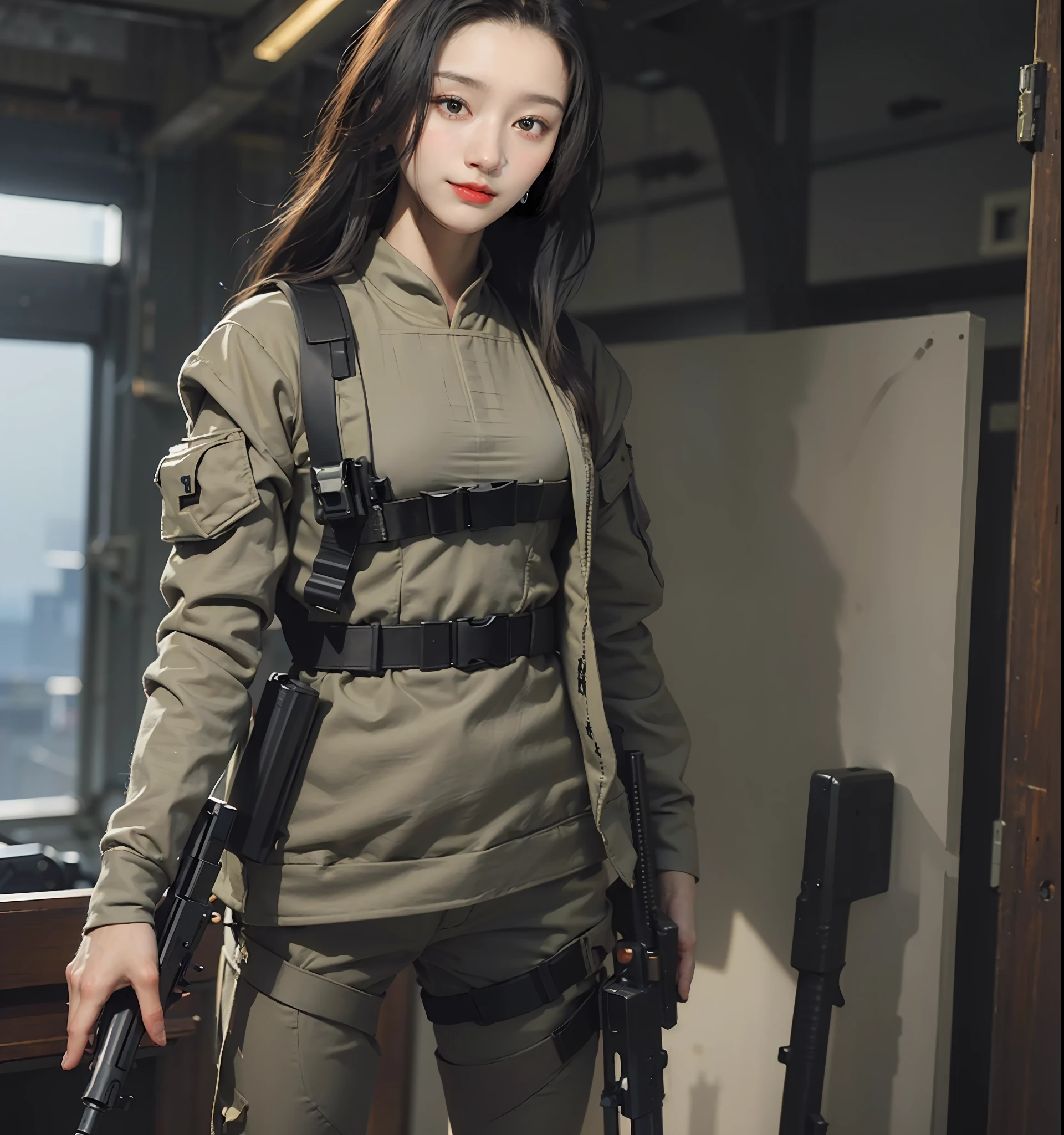(Best Quality, Ultra Detailed, Best Illustration, Best Shadow, Masterpiece, High Resolution, Professional Artwork, Famous Art), (1 Girl, Solo), Wearing Epic, (Ball Holding, holding_gun:1.0), (Rifle, assault_rifle:1.3), (trigger_discipline:1.2), Earth Sauce, Camouflage, Load-bearing Vest