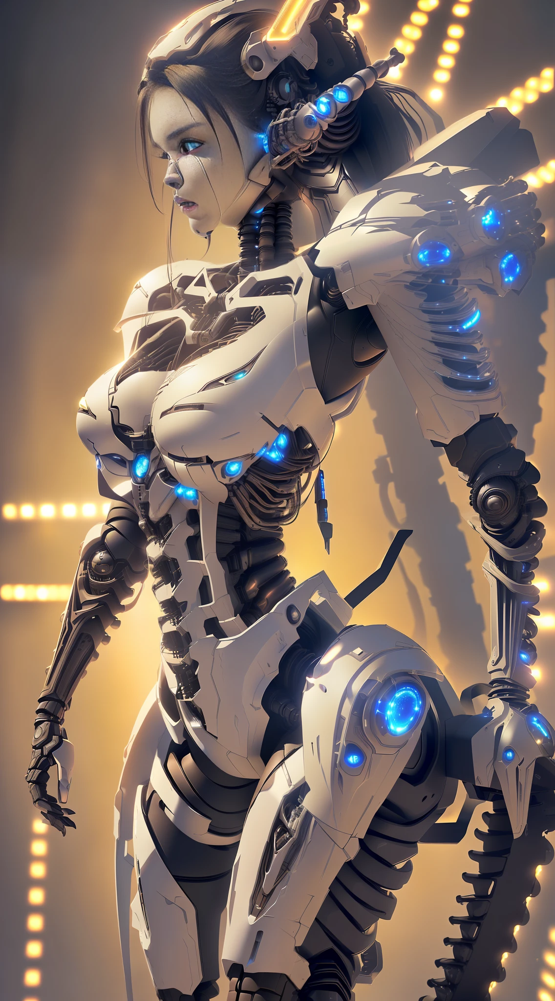 A stunning female warrior wearing an exoskeleton armor in a battle pose, (biomechanical style:1.3), inspired by H.R. Giger's art, dystopian urban landscape background, cinematic lighting with a high contrast, (realistic 3D rendering:1.2), (glowing LEDs:1.5), smoke and debris in the air.