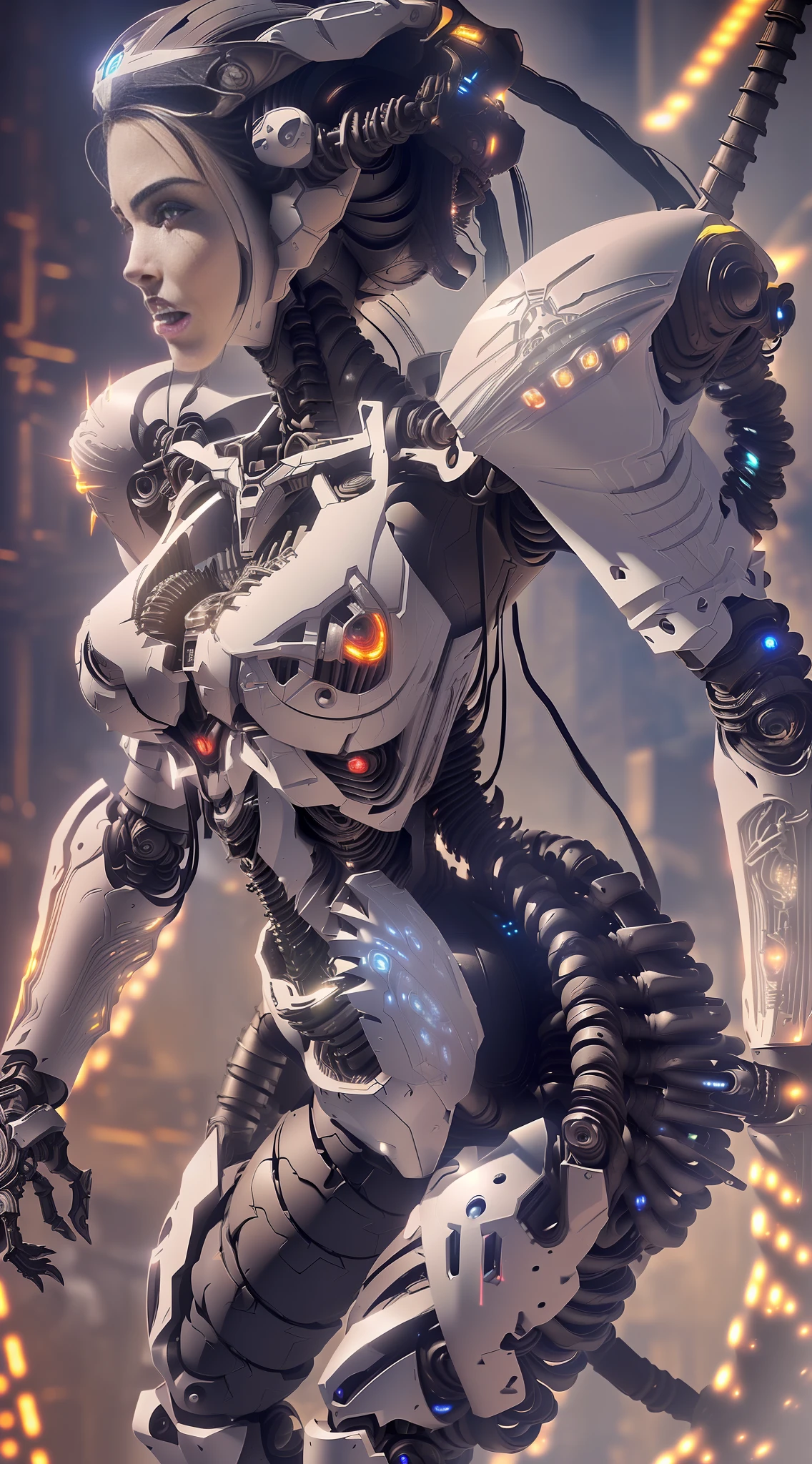 A stunning female warrior wearing an exoskeleton armor in a battle pose, (biomechanical style:1.3), inspired by H.R. Giger's art, dystopian urban landscape background, cinematic lighting with a high contrast, (realistic 3D rendering:1.2), (glowing LEDs:1.5), smoke and debris in the air.