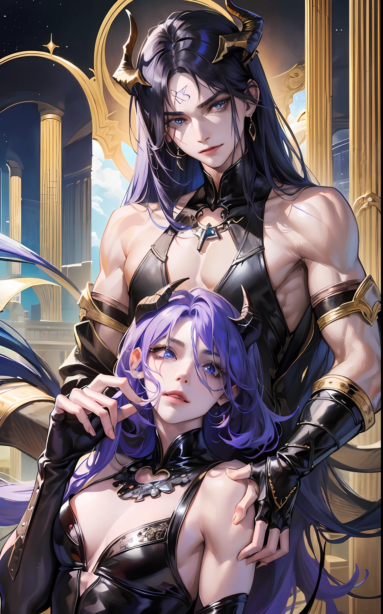 man, masculine, masculine face, attractive, muscular, ((1man)), masterpiece, absurdres, best quality ,intricate details , (shiny skin, shiny body, shiny oily luster skin, shiny hair, pale skintone), Sundown, attractive, ((muscular)), adult, one,medieval clothes, earrings, black pants, Don't look at the view , Not looking at the view, black and blue long hair, perfect detailed face, perfect detailed hands, horns,demon, blue eyes, ((MLS)), smirk, medium large shoot