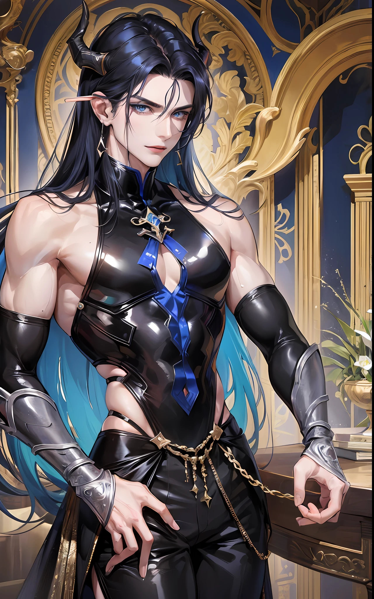 man, masculine, masculine face, attractive, muscular, ((1man)), masterpiece, absurdres, best quality ,intricate details , (shiny skin, shiny body, shiny oily luster skin, shiny hair, pale skintone), Sundown, attractive, ((muscular)), adult, one,medieval clothes, earrings, black pants, Don't look at the view , Not looking at the view, black and blue long hair, perfect detailed face, perfect detailed hands, horns,demon, blue eyes, ((MLS)), smirk, medium large shoot