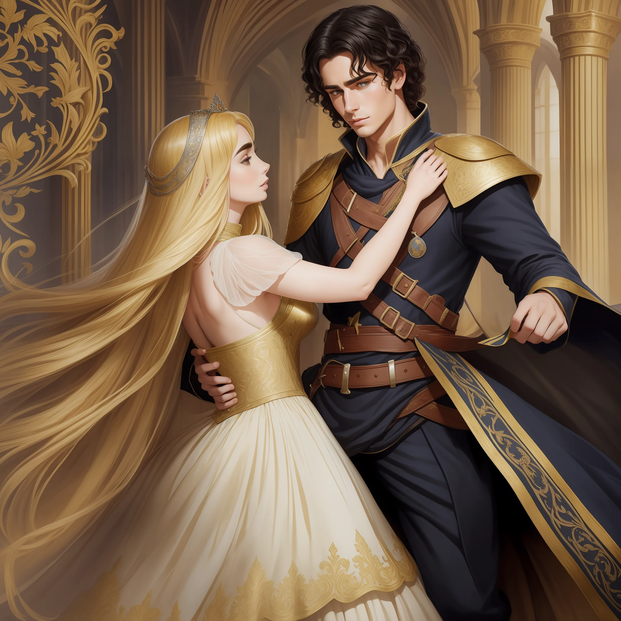 Lily Collins, who has curly black hair, wears a medieval dress. the Neels Visser wears a medieval military outfit and has blonde hair. The couple is waltzing in the ballroom. The illustration is like a book cover, bright, illuminated, ultra detailed, elegant, art by Justin Gerard