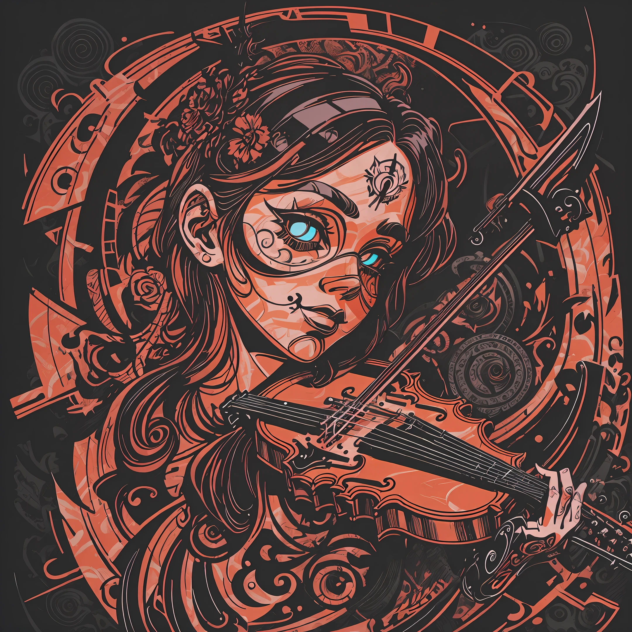 t-shirt art, 2D, ((black background: 1, 5)), vector, vivid colors, violin and sheet music, dystopian stage, masterpiece, best quality, intricate details, perfect symmetrical face, rim light, moonlight, shading Cinematographer, Greg Rutkowisk --auto --s2