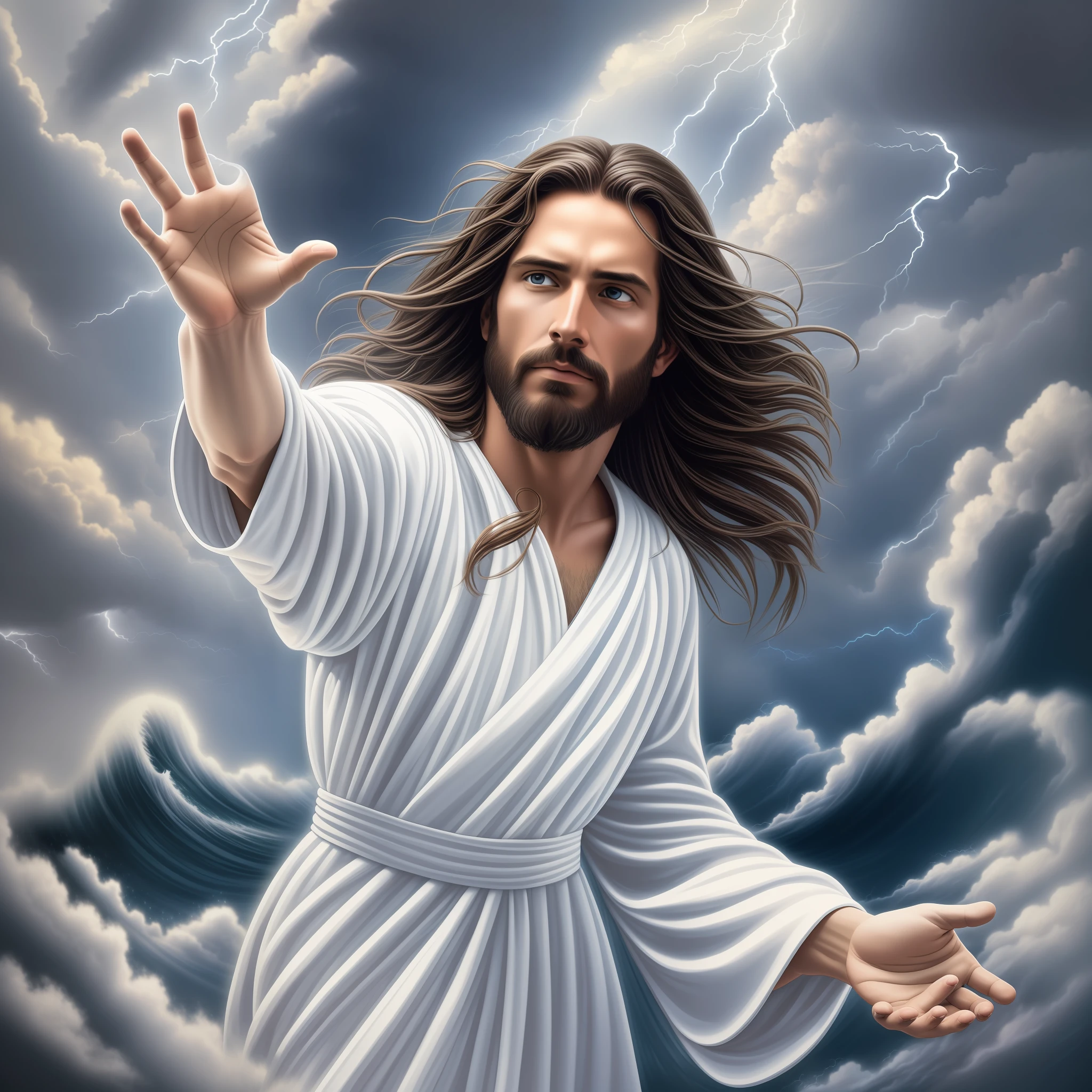 Jesus Christ reaching out to me, a storm, white robes, waves, soft expression, dark sky with lightning, lightning, photo realism