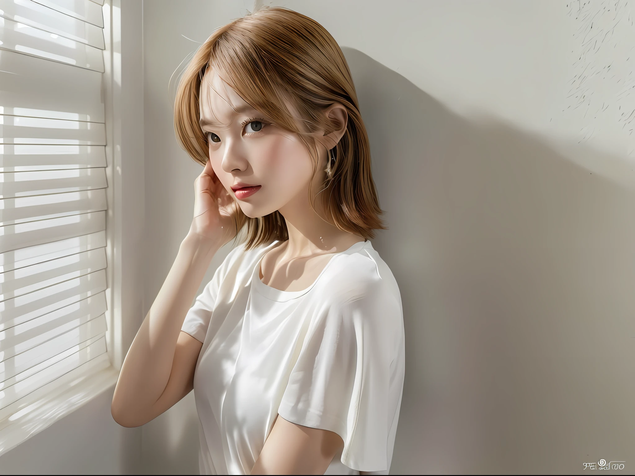 (8k, highest quality, masterpiece: 1.2), (hair_style), (realistic, photorealistic: 1.37), plump eyes, highest quality, masterpiece, ((standing in front of a white wall)), gradient lighting, Japan models, [small breasts], professional lighting, shooting the whole body from a distance with the subject close to the edge, angle from behind, shot in a room with light, 2023 Japan trend fashion style, realistic, super detailed, 30s, cute, actress, elaborate CG, slender, hairstyle is straight straight hair, delicate skin type, (emphasizes hair luster from behind), hands placed around mouth, short length t-shirt