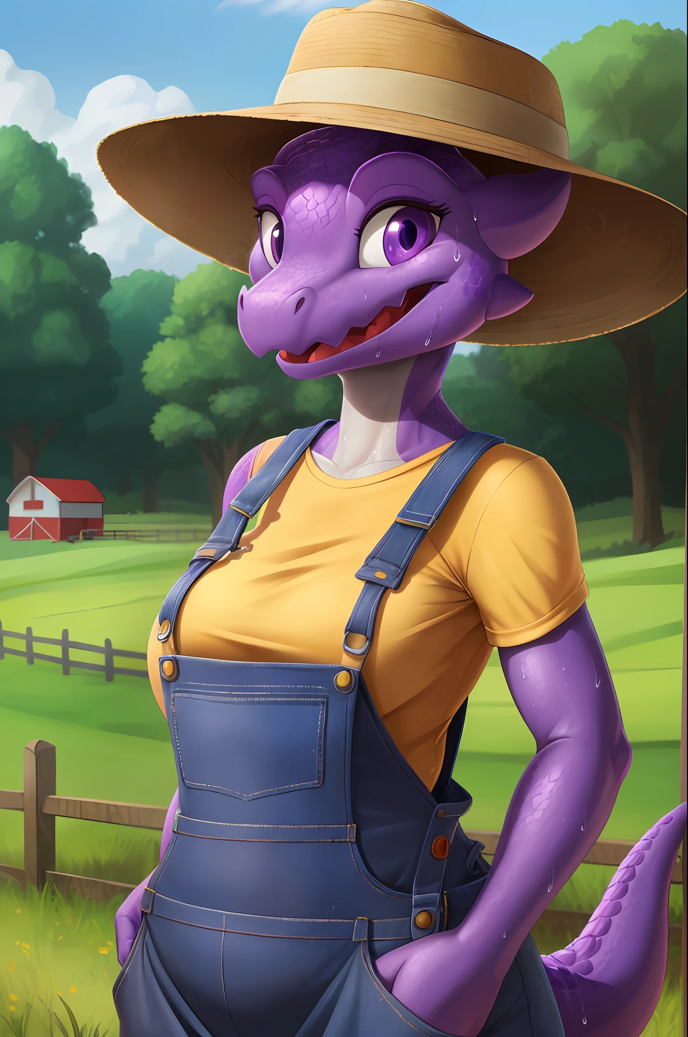 Female, antro, solo, (average breasts), (curvy:1.2), kobold, (purple scales:1.1), (dark spots), (overalls), (farmer hat), (sweat:1.2), happy, caring, smiling, mature, farm background, nature, highly detailed, high resolution, detailed eyes, detailed hands, detailed background, realistic