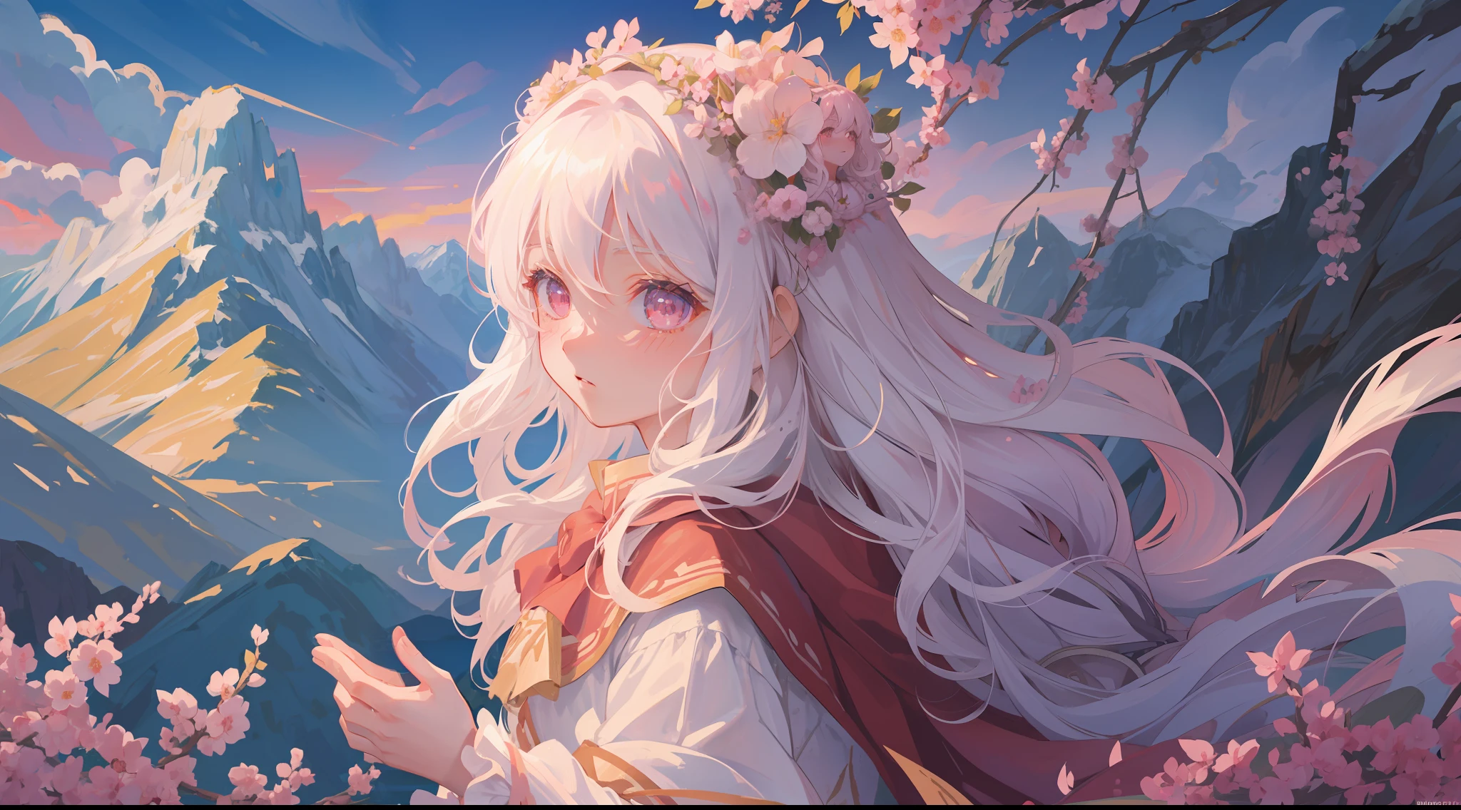 (1girl:1.2), slight blush, hands down, wavy hair, long hair, fluffy hair, white hair, pink eyes, sakura tree, hair flower, capelet, lace trim, bodice, wind, winter, mountain range, mountain sitting near mountain, detailed water, sparkling eyes, light smile, peaceful, extremely detailed, depth of field, cinematic lighting, Ghibli-like colours, high detail, scenery, high place, horizon, wind, wind blow, looking at viewer, ta clothes, 8k, bokeh, from side, award winning, (masterpiece:1.2), best quality, anatomically correct, perfect hands