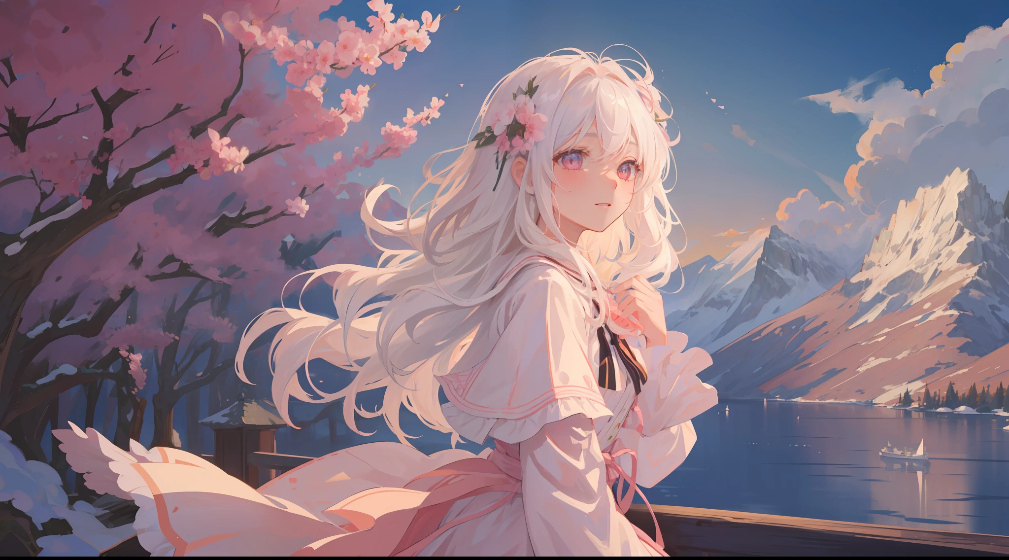 (1girl:1.2), slight blush, hands down, wavy hair, long hair, fluffy hair, white hair, pink eyes, sakura tree, hair flower, capelet, lace trim, bodice, wind, winter, mountain range, mountain sitting near mountain, detailed water, sparkling eyes, light smile, peaceful, extremely detailed, depth of field, cinematic lighting, Ghibli-like colours, high detail, scenery, high place, horizon, wind, wind blow, looking at viewer, ta clothes, 8k, bokeh, from side, award winning, (masterpiece:1.2), best quality, anatomically correct, perfect hands