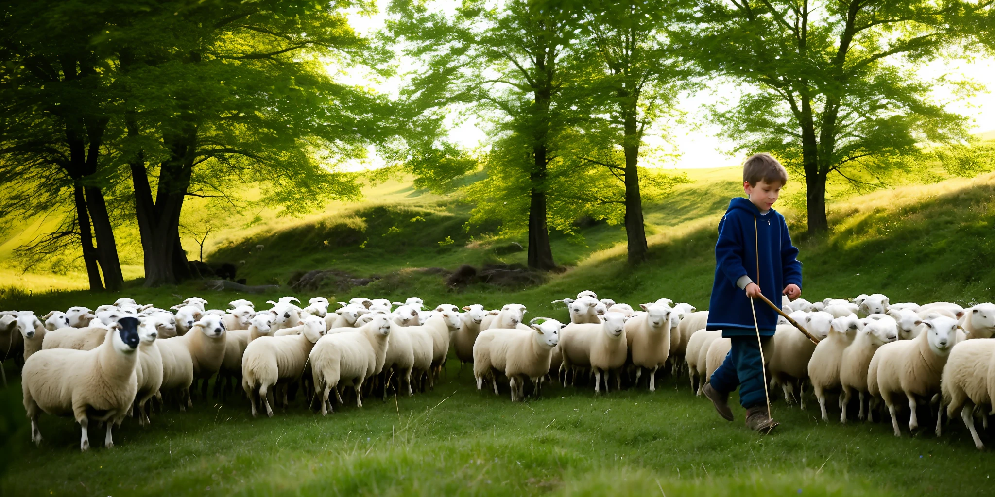 Scenario: A quiet grove with a boy holding a staff and leading sheep.

Characters:

Shepherd Boy: A young man with a staff leading sheep.
Sheep: A flock of sheep following the boy.
Scene:
In the woods, the shepherd boy leads the sheep with his staff. The flock walks harmoniously while the boy guides them along the way. The sun illuminates the environment and the boy shows confidence in his abilities.

The boy leads the sheep to a stream, where they drink water. After a brief rest, they continue their journey. The boy shows care in avoiding obstacles and dangerous terrain.

Arriving at a flowering meadow, the sheep disperse to graze, while the boy rests. He watches the scene with gratitude, knowing that he has fulfilled his role as a pastor.

At the end of the day, the boy says goodbye to the sheep and returns home with the staff in hand, satisfied with his work. He waits for the next day to lead the sheep again through the woods.