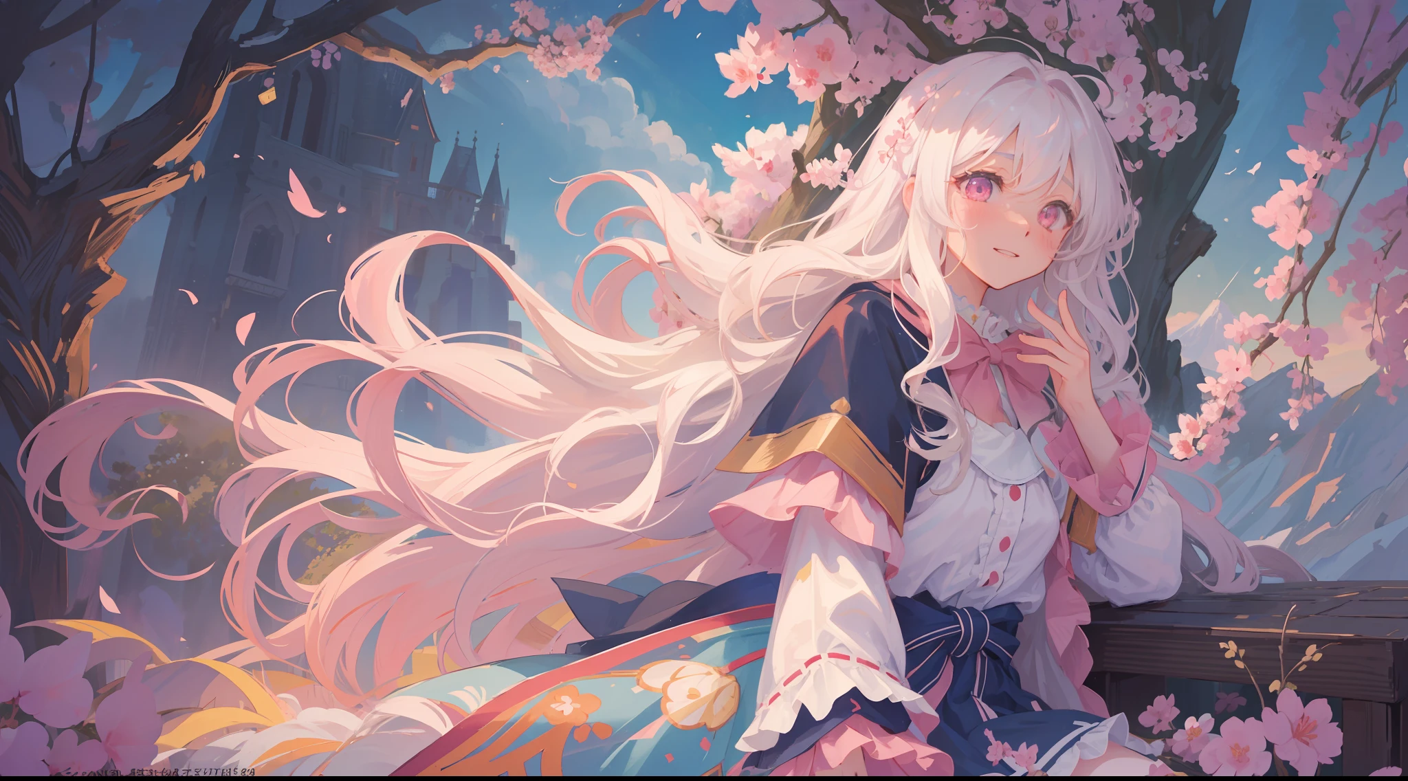 (1girl:1.2), slight blush, hands down, wavy hair, long hair, fluffy hair, white hair, pink eyes, sakura tree, hair flower, capelet, lace trim, bodice, wind, winter, mountain range, mountain sitting near mountain, detailed water, sparkling eyes, light smile, peaceful, extremely detailed, depth of field, cinematic lighting, Ghibli-like colours, high detail, scenery, high place, horizon, wind, wind blow, looking at viewer, ta clothes, 8k, bokeh, from side, award winning, (masterpiece:1.2), best quality, anatomically correct, perfect hands
