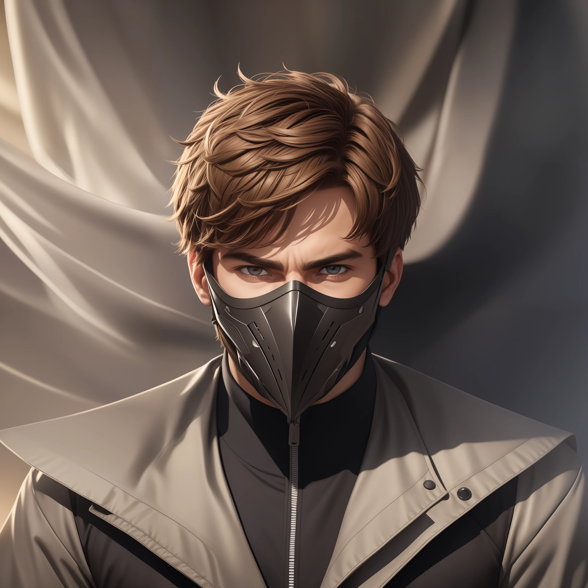 1man, 1.80, wearing a mask to hide his identity, light brown eyes, presence in the gaze as if he were an Alpha predator, short hair, gradient haircut, light brown hair color, super defined 8k hair strands, wearing a black overcoat, white skin details, (Realistic), (great lighting), (maximum quality), (many details in every aspect of the image), (100mil megapixels), (masterpiece), (image made by spelelist in photos)