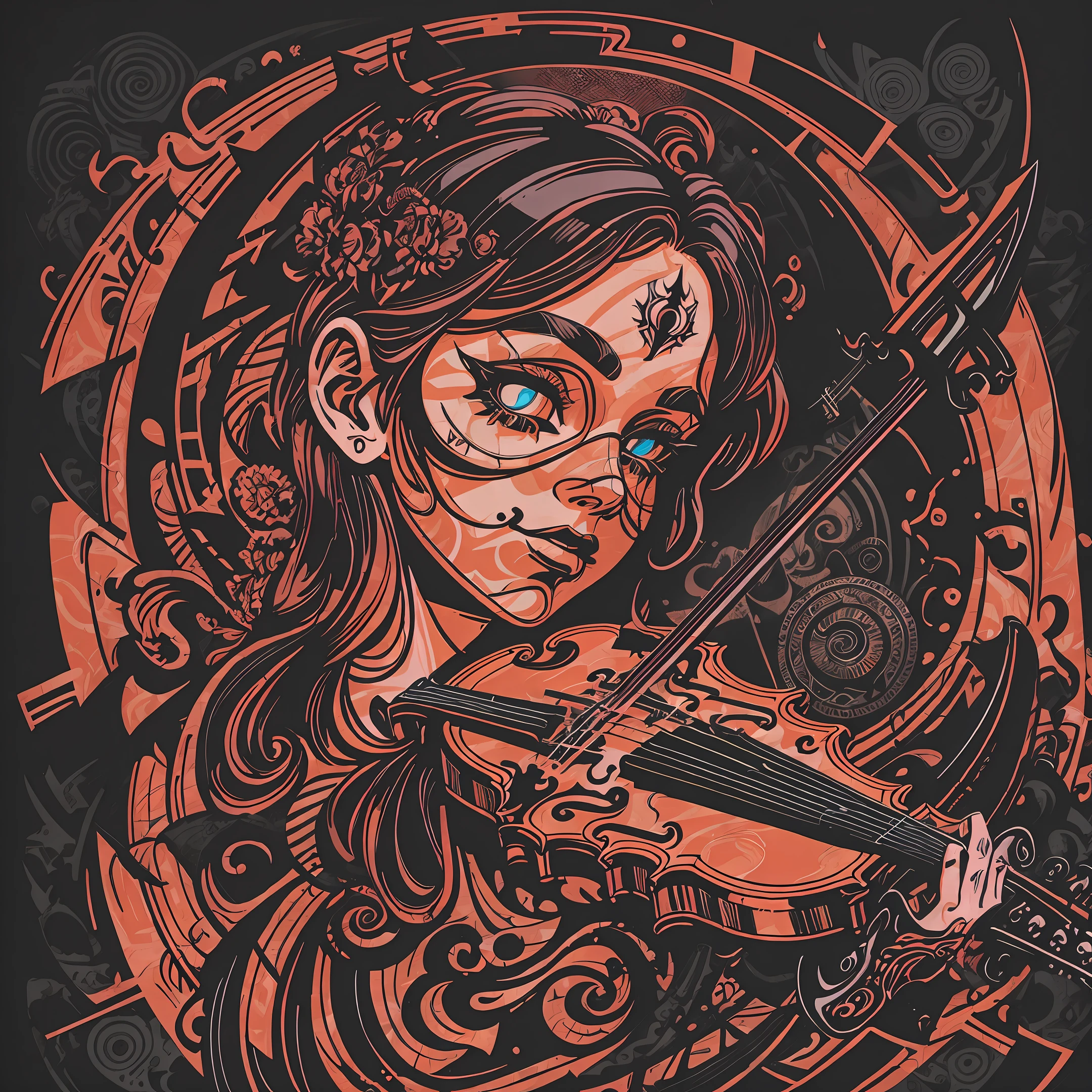 t-shirt art, 2D, ((black background: 1, 5)), vector, vivid colors, violin and sheet music, dystopian stage, masterpiece, best quality, intricate details, perfect symmetrical face, rim light, moonlight, shading Cinematographer, Greg Rutkowisk --auto --s2