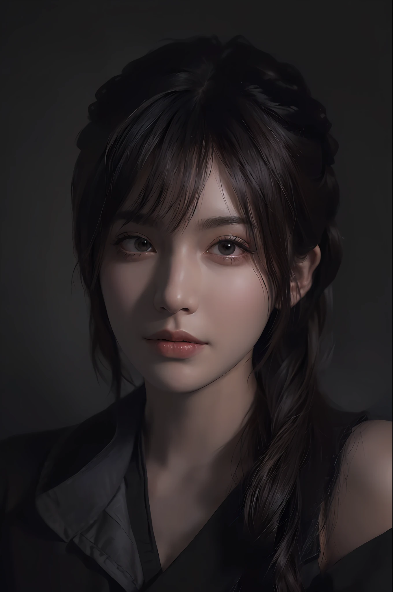 (front focus), (in the dark:1.6), Hyperrealist portrait of female by david hockney and alphonse mucha, fantasy art, photo realistic, dynamic lighting, artstation, poster, volumetric lighting, very detailed faces, 4 k, award winning, 1girl, in the dark, deep shadow, low key, cowboy shot, (official clothing:1.4), long hair, white hair