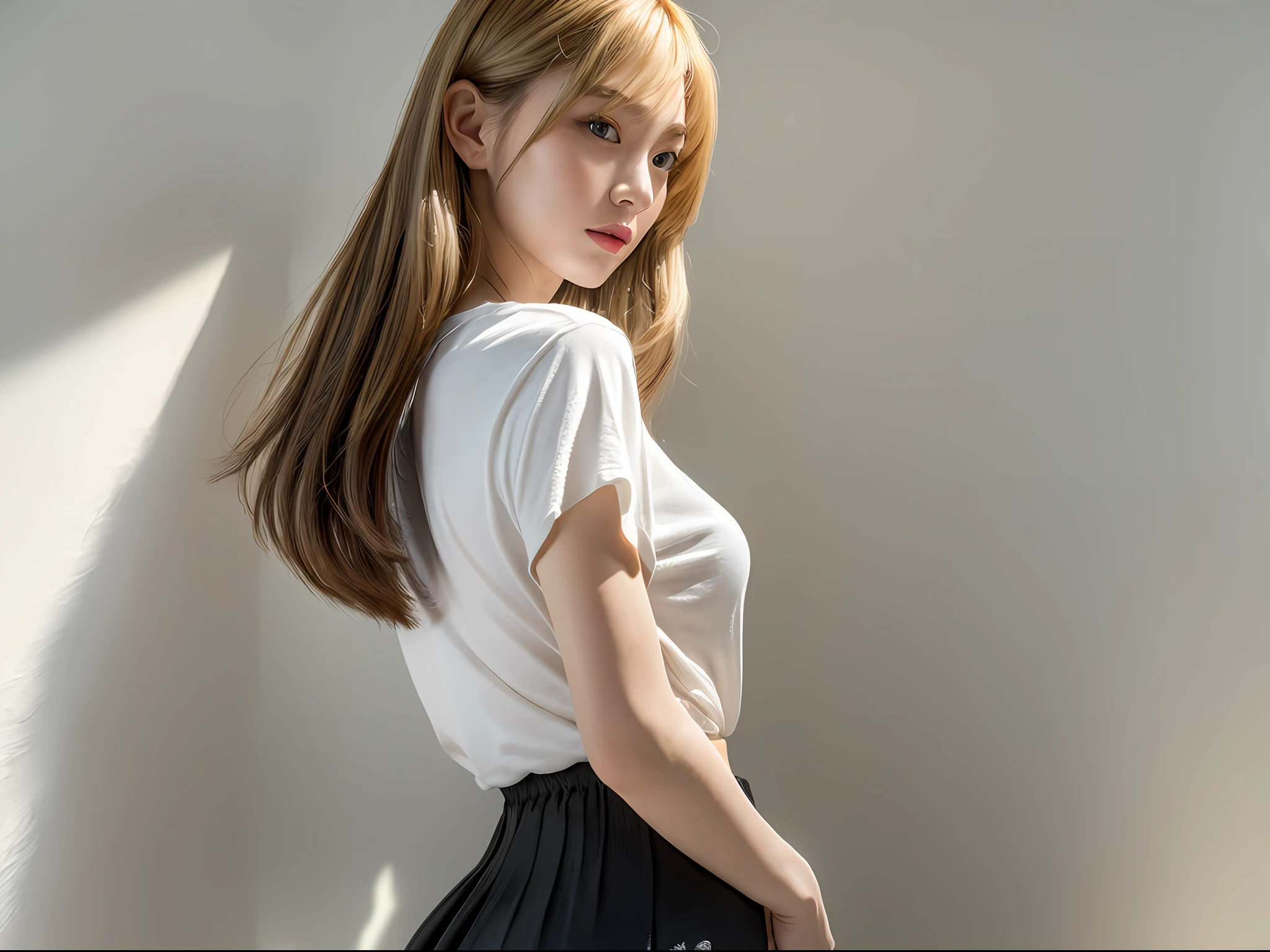 (8k, highest quality, masterpiece: 1.2), (hair_style), (realistic, photorealistic: 1.37), plump eyes, highest quality, masterpiece, ((standing in front of a white wall)), gradient lighting, Japan models, [small breasts], professional lighting, shooting the whole body from a distance with the subject close to the edge, angle from behind, shot in a room with light, 2023 Japan trend fashion style, realistic, super detailed, 30s, cute, actress, elaborate CG, slender, hairstyle is straight straight hair, delicate skin type, (emphasizes hair luster from behind), hands placed at mouth, short length t-shirt, skirt