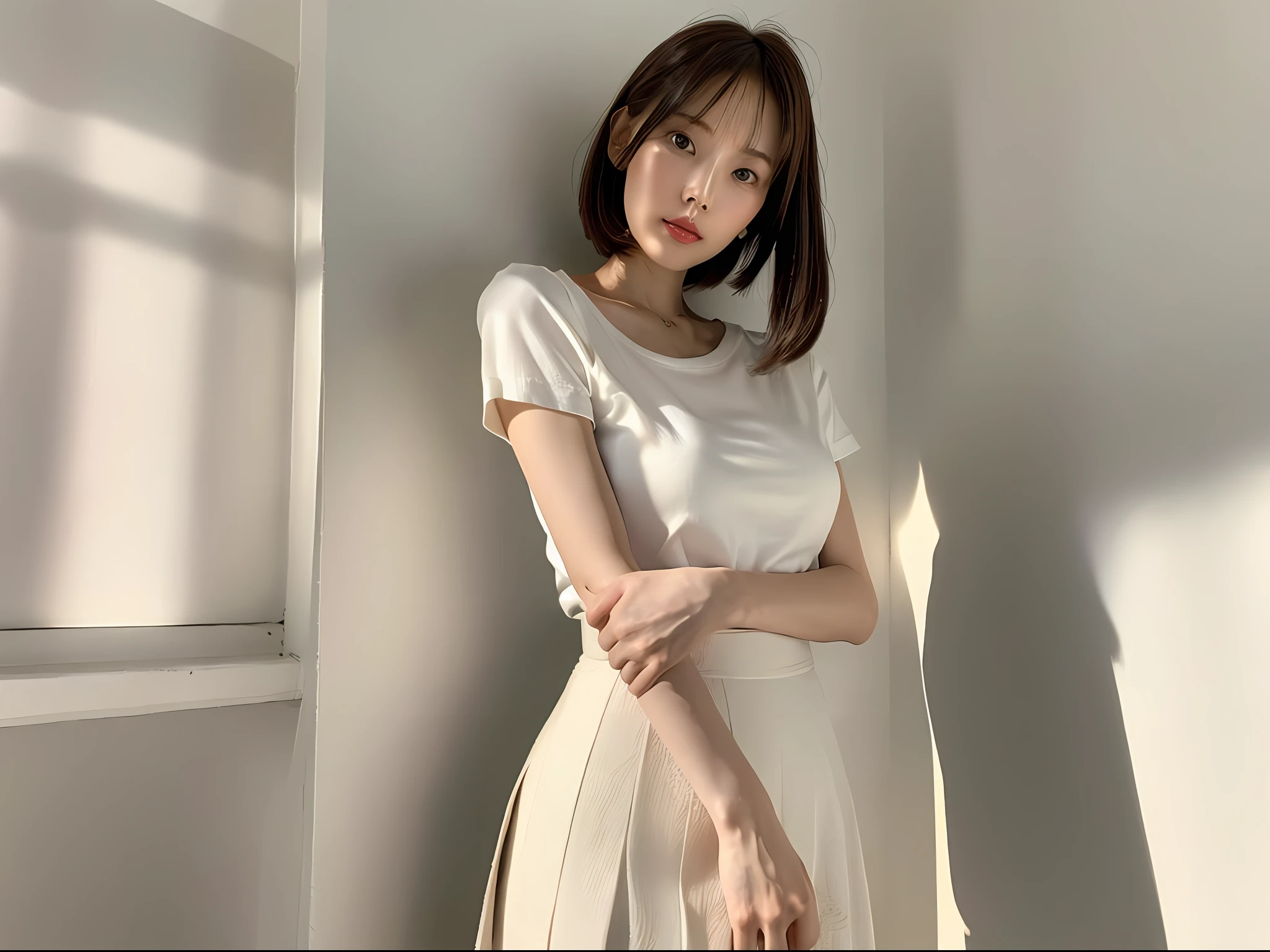 (8k, highest quality, masterpiece: 1.2), (hair_style), (realistic, photorealistic: 1.37), plump eyes, highest quality, masterpiece, ((standing in front of a white wall)), gradient lighting, Japan models, [small breasts], professional lighting, shooting the whole body from a distance with the subject close to the edge, angle from behind, shot in a room with light, 2023 Japan trend fashion style, realistic, super detailed, 30s, cute, actress, elaborate CG, slender, hairstyle is straight straight hair, delicate skin type, (emphasizes hair luster from behind), hands placed at mouth, short length t-shirt, skirt