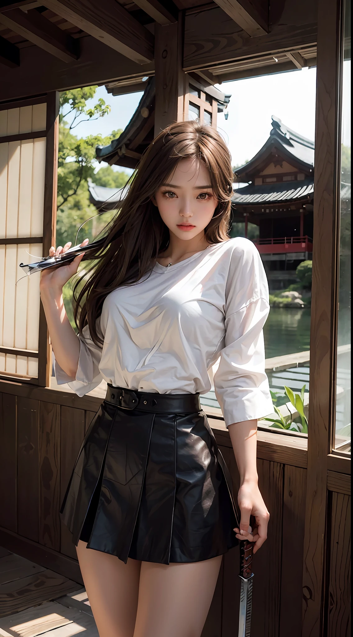 Masterpiece, best picture quality, 1 beautiful girl, detailed eyes, swollen eyes, brown hair, long hair, fair skin, sexy, cute, pretty legs, short skirt, Japanese woman, Asian beauty, magical world, moonlight, abandoned building, strong eyes, professional lighting, bright lighting, double eyelids, slender, assassin, Black clothes, angry expression, holding a Japanese sword,