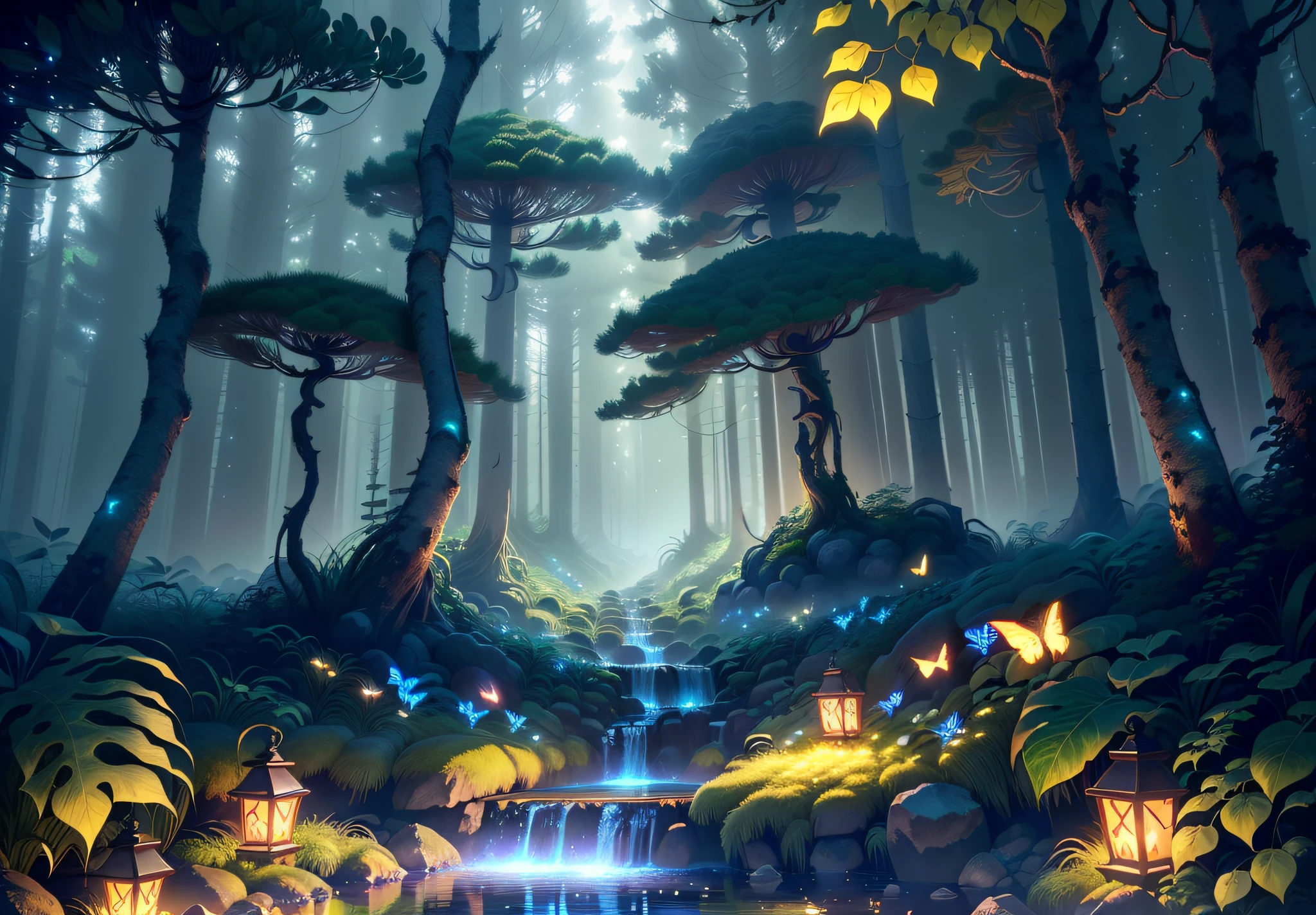 Masterpiece, best quality, (very detailed CG unity 8k wallpapers), (best quality), (best illustrations), (best shadows), forest theme with natural elements. Tall trees, quiet streams, glowing little mushrooms, surrounded by delicate leaves and branches, with fireflies and glowing particle effects,, (natural elements), (jungle theme), (leaves), (branches), ( fireflies), butterflies, (delicate leaves), (glow), (particle effects). , isometric 3D, Octane rendering, ray tracing, super detailed