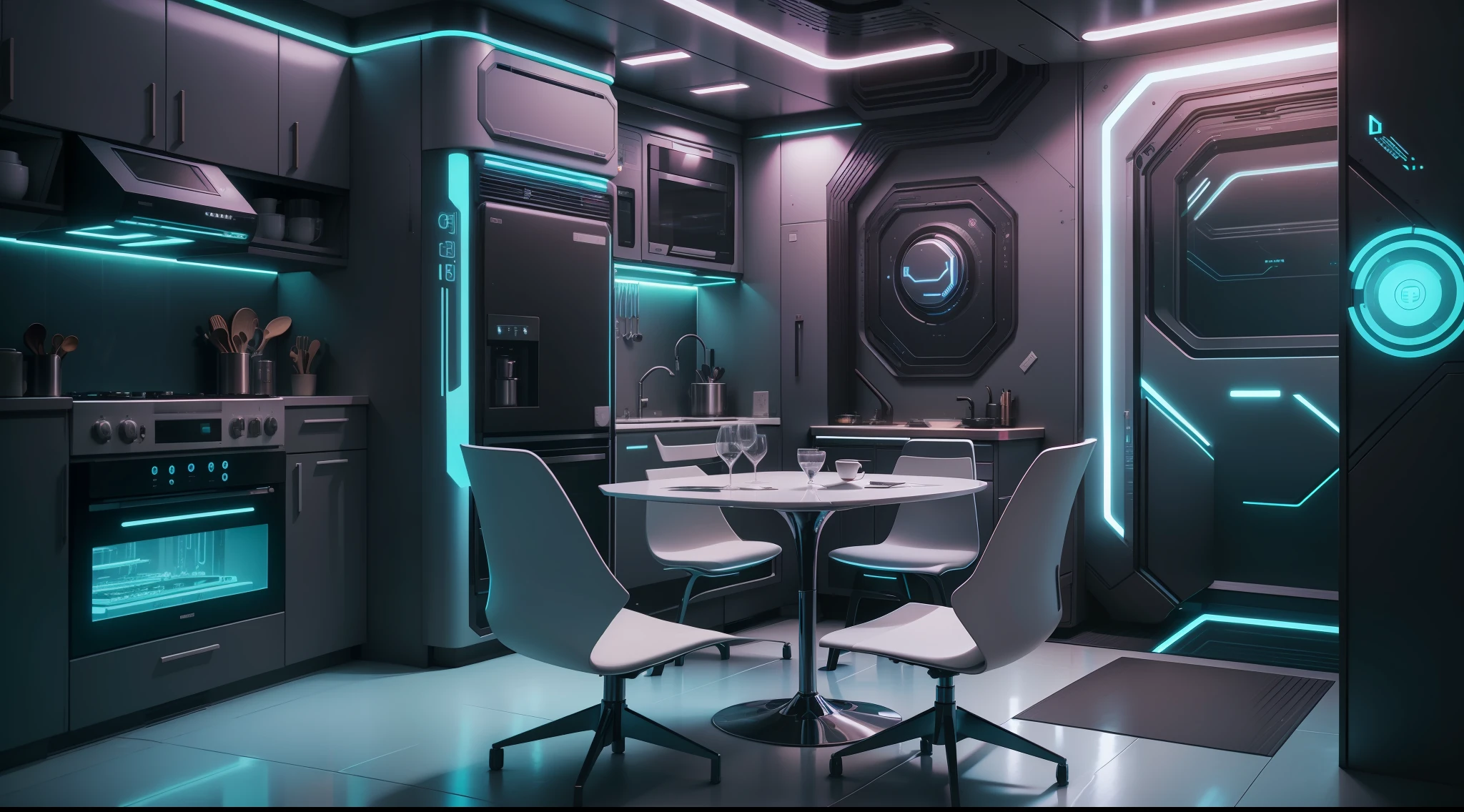 there is a kitchen with a table and chairs in it, futuristic decor, cyberpunk apartment, futuristic interior, futuristic room background, the cyberpunk apartment, retro futuristic apartment, sci - fi interior, cyberpunk interior, futuristic decoration, futuristic room, bladerunner apartment, cyberpunk ikea, in a cyberpunk themed room, futuristic house, futuristic design, large futuristic residence