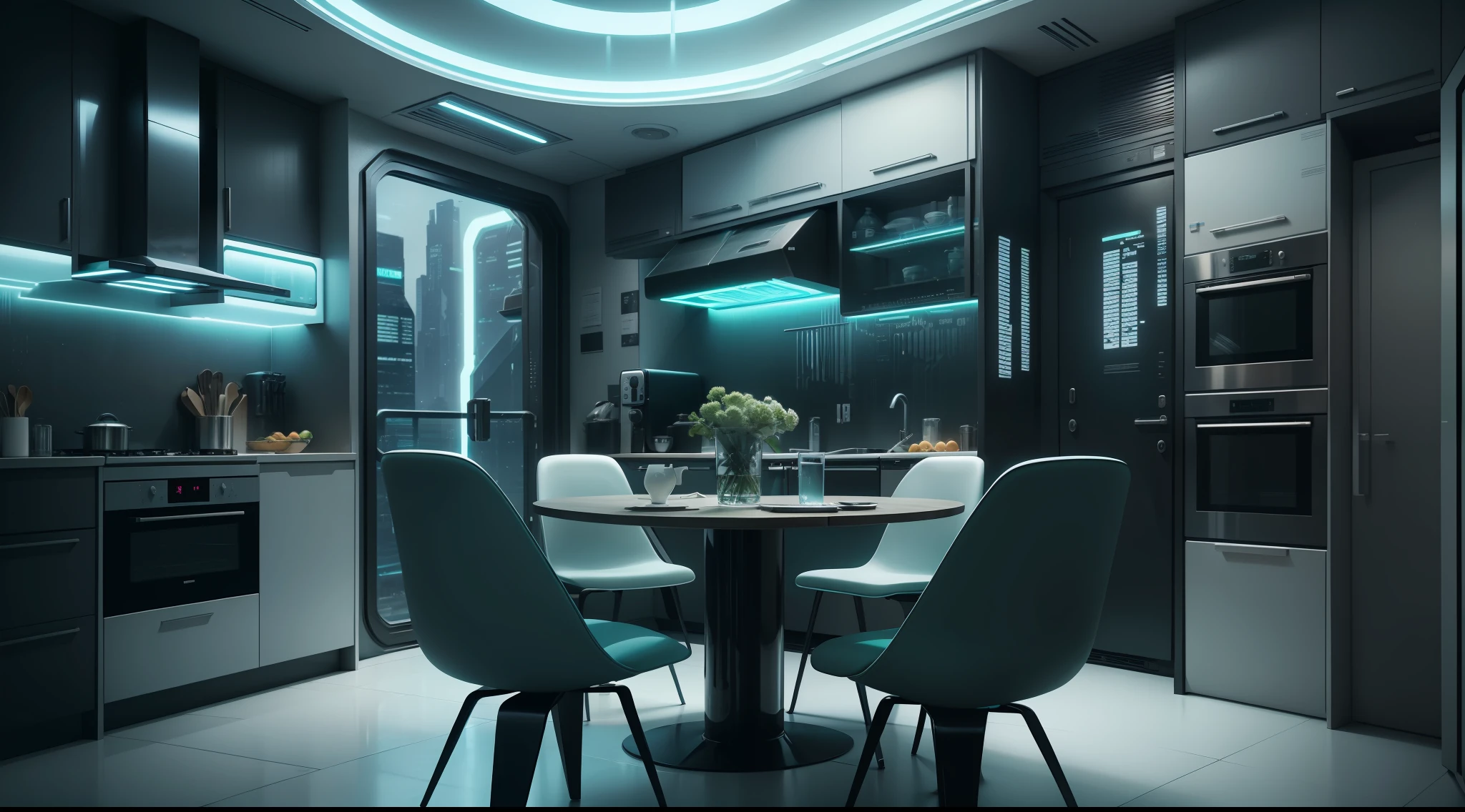 there is a kitchen with a table and chairs in it, futuristic decor, cyberpunk apartment, futuristic interior, futuristic room background, the cyberpunk apartment, retro futuristic apartment, sci - fi interior, cyberpunk interior, futuristic decoration, futuristic room, bladerunner apartment, cyberpunk ikea, in a cyberpunk themed room, futuristic house, futuristic design, large futuristic residence