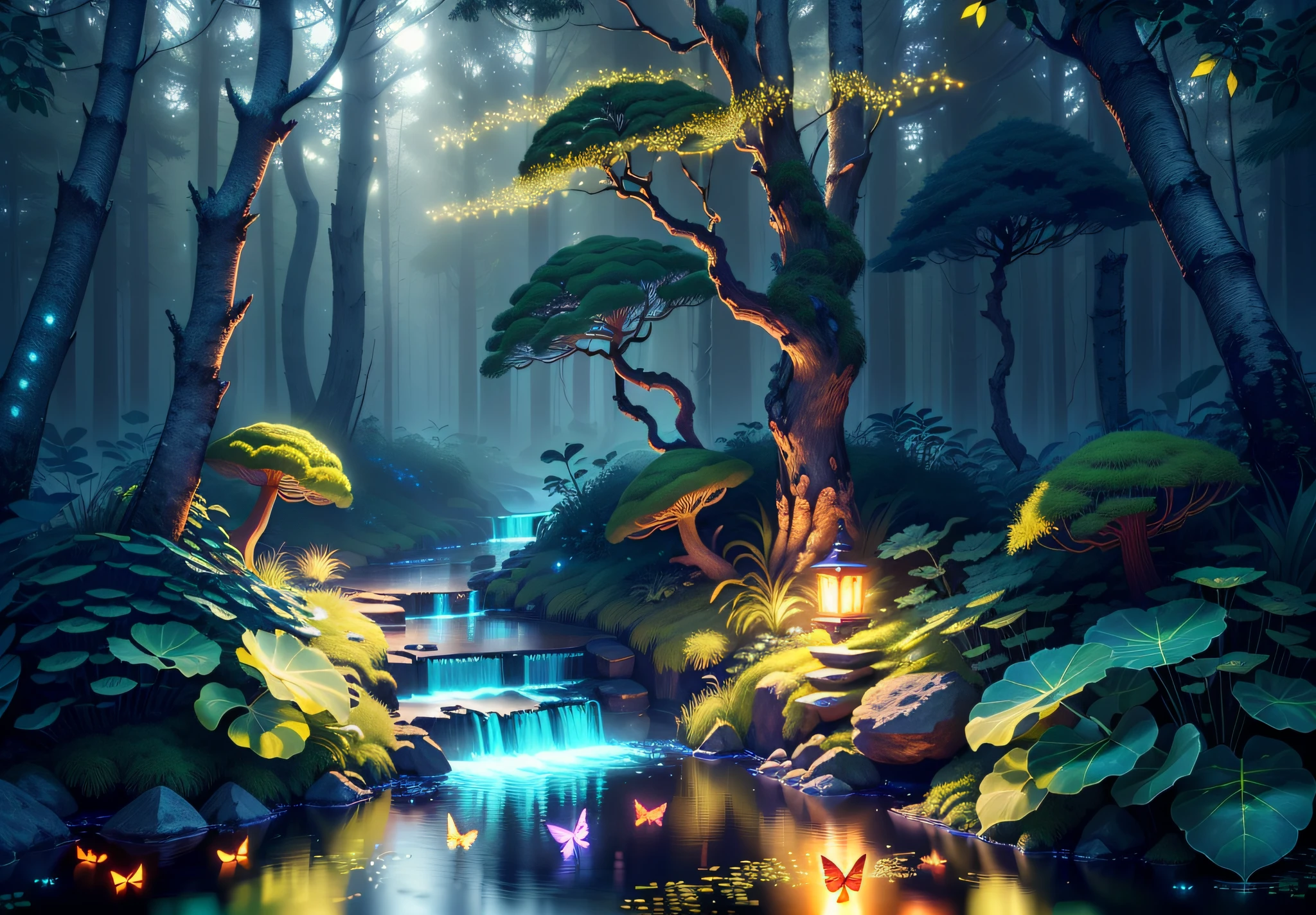 Masterpiece, best quality, (very detailed CG unity 8k wallpapers), (best quality), (best illustrations), (best shadows), forest theme with natural elements. Tall trees, quiet streams, glowing little mushrooms, surrounded by delicate leaves and branches, with fireflies and glowing particle effects,, (natural elements), (jungle theme), (leaves), (branches), ( fireflies), butterflies, (delicate leaves), (glow), (particle effects). , isometric 3D, Octane rendering, ray tracing, super detailed