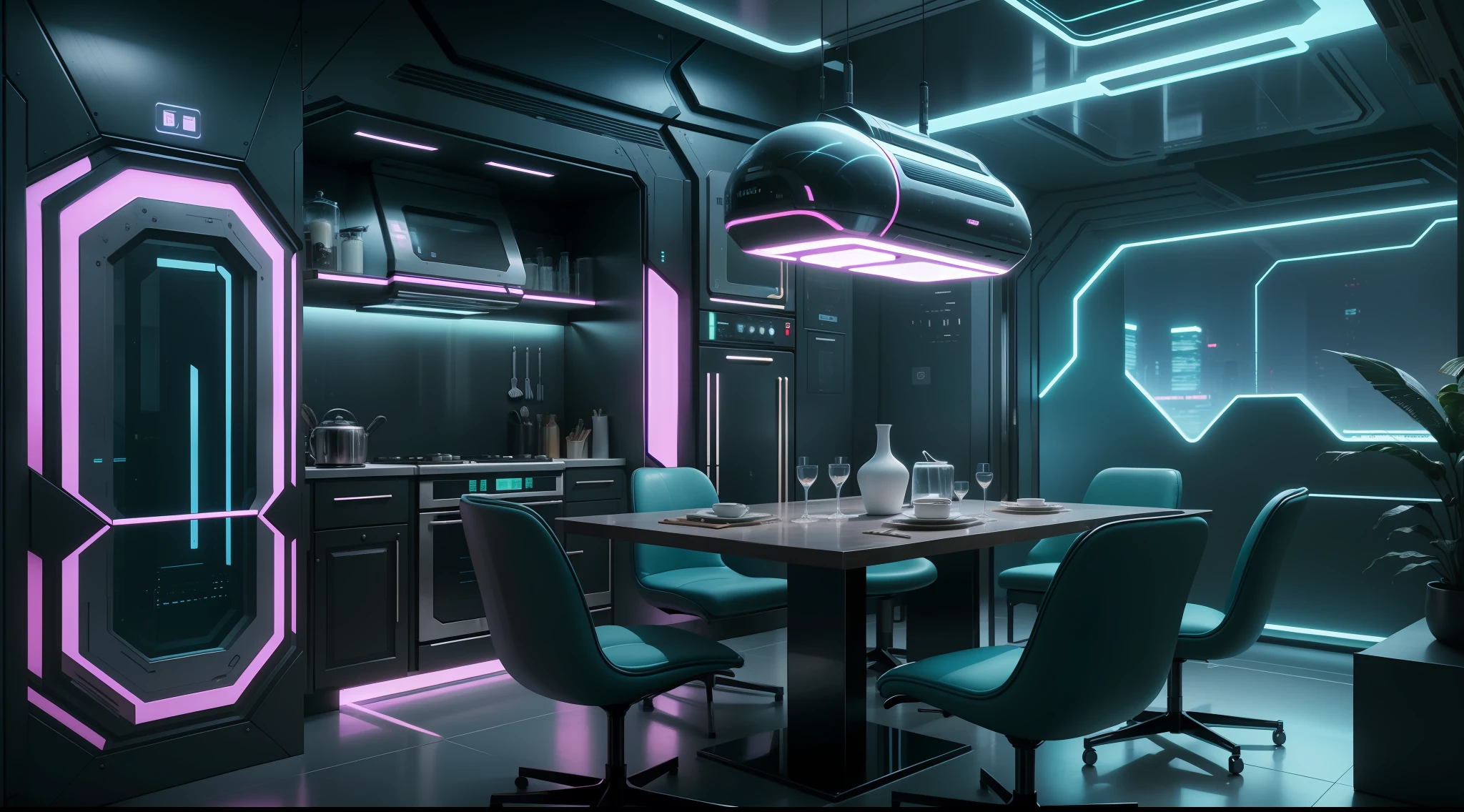 there is a kitchen with a table and chairs in it, futuristic decor, cyberpunk apartment, futuristic interior, futuristic room background, the cyberpunk apartment, retro futuristic apartment, sci - fi interior, cyberpunk interior, futuristic decoration, futuristic room, bladerunner apartment, cyberpunk ikea, in a cyberpunk themed room, futuristic house, futuristic design, large futuristic residence