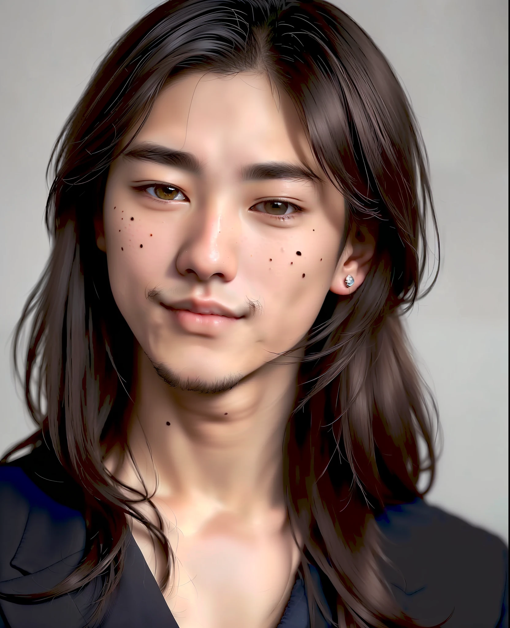 Portrait of a very handsome Korean man. Rounded face. Perfect skin. ((He has a black mole near his upper lip.)) Long hair to the shoulders. Light brown hair. Black eyes . Big eyes. Lips fleshy and proportionate.beautiful smile. Hyper-detailed. Photorealistic. 8k. High quality