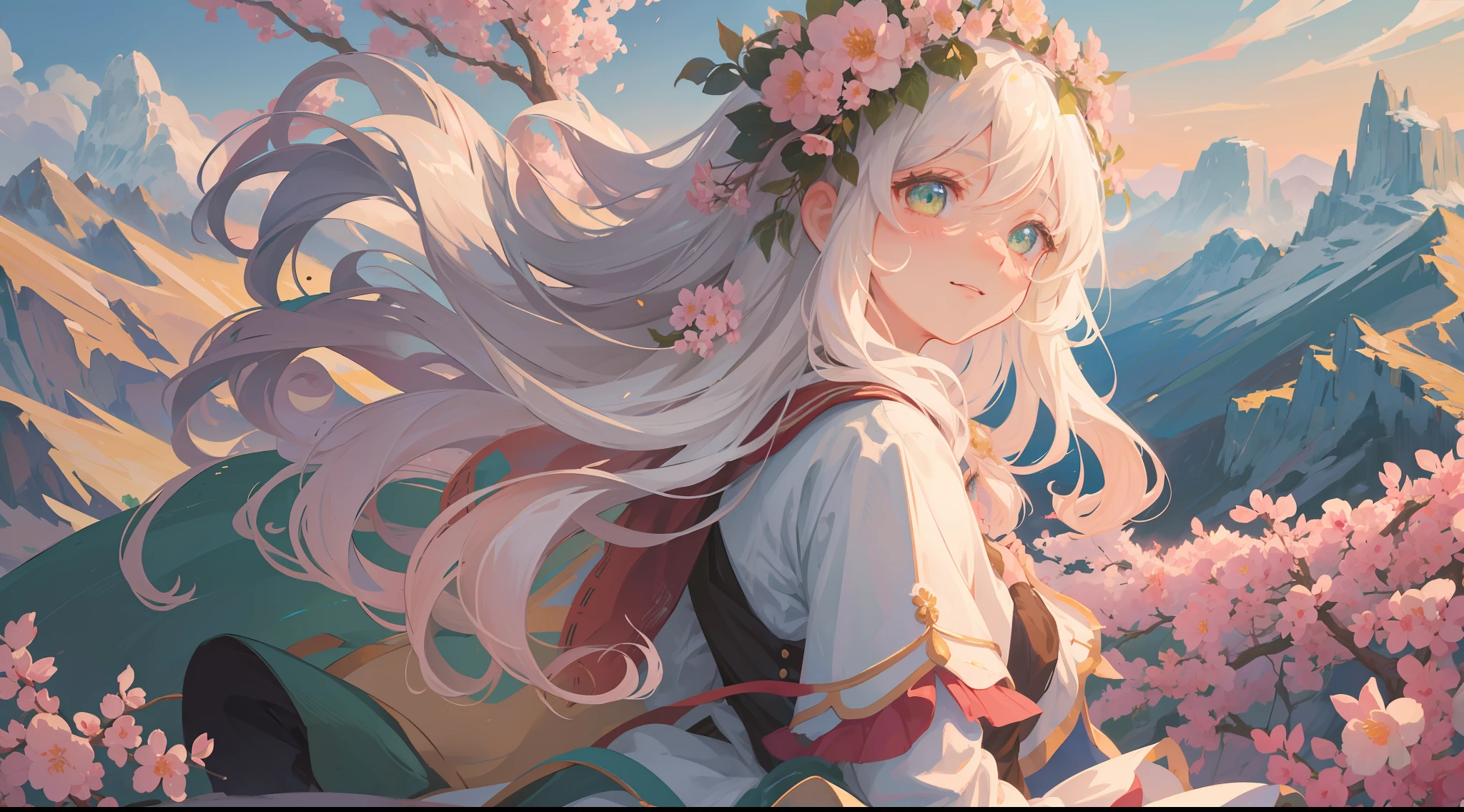 (1girl:1.2), slight blush, hands down, wavy hair, long hair, fluffy hair, white hair, green eyes, sakura tree, hair flower, capelet, lace trim, bodice, wind, winter, mountain range, mountain sitting near mountain, detailed water, sparkling eyes, light smile, peaceful, extremely detailed, depth of field, cinematic lighting, Ghibli-like colours, high detail, scenery, high place, horizon, wind, wind blow, looking at viewer, ta clothes, 8k, bokeh, from side, award winning, (masterpiece:1.2), best quality, anatomically correct, perfect hands