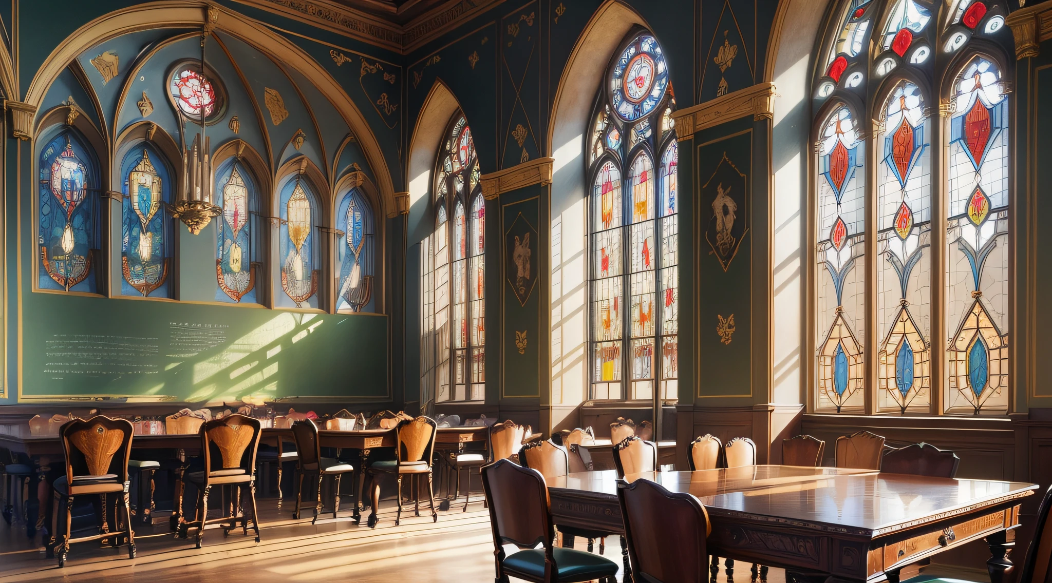 ((Masterpiece)), oil art, exceptional detailing, super-realistic wallpaper, medieval classroom setting, extremely detailed stained glass windows, featured tables and chairs. --auto --s2