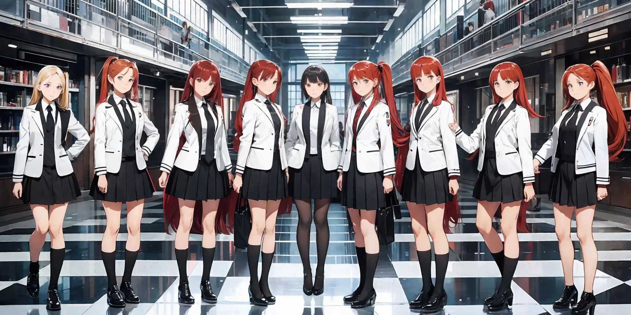 perfect anime illustration, multiple girls, thousands of girls, millions of girls, clones, identical sisters, red hair, ponytail, matching hairstyle, hazel eyes, smiling, white skin, matching outfits, black blazers, white skirts, neckties, businesswomen, high heels, office, highres, full body, bare legs, neat rows of sisters, neat columns of sisters, sisters standing in formation, sisters in background