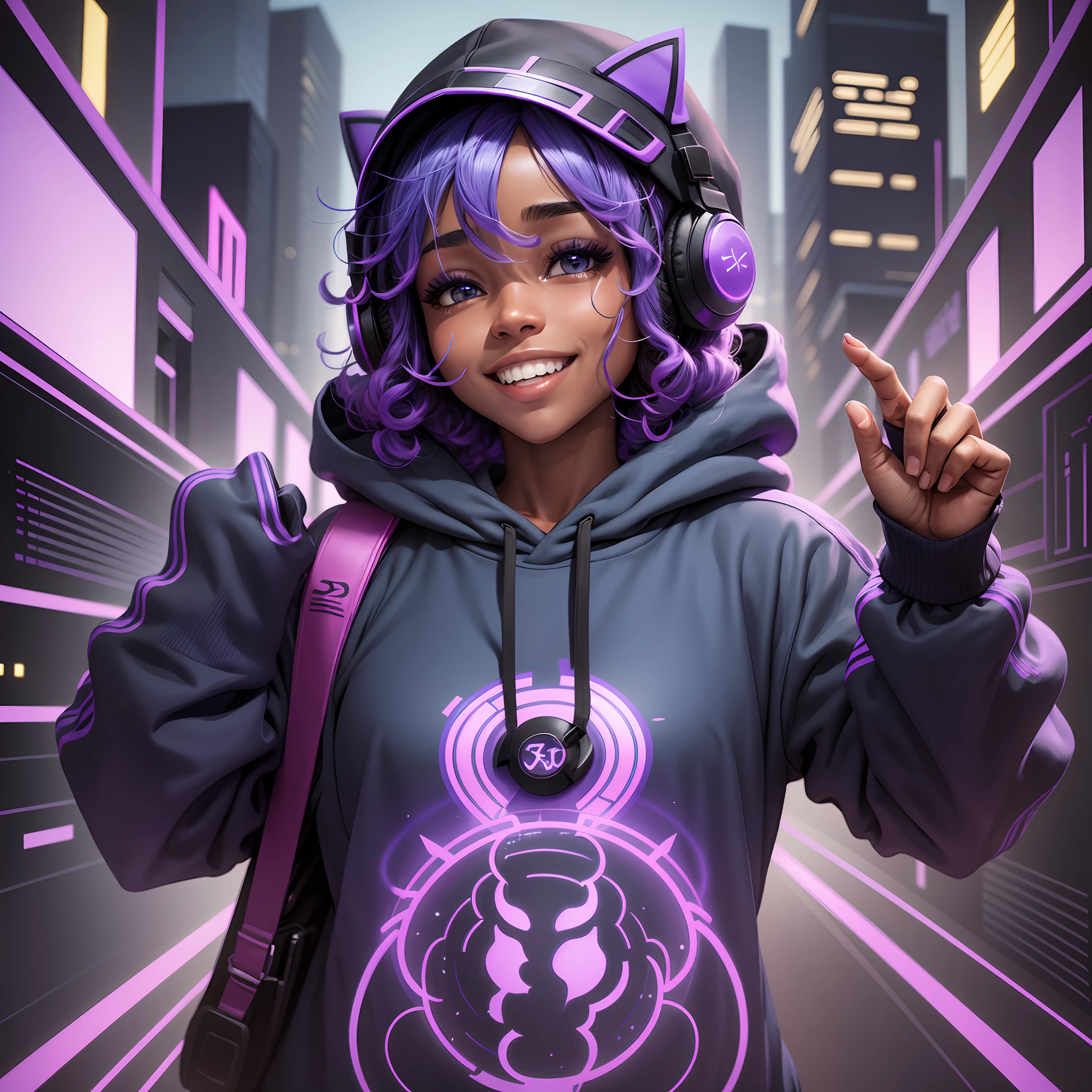 Female character, with blue and purple neon, curly hair, black skin, with headphones, with sweatshirt, masked, With hood, Smiling, hands up --auto --s2