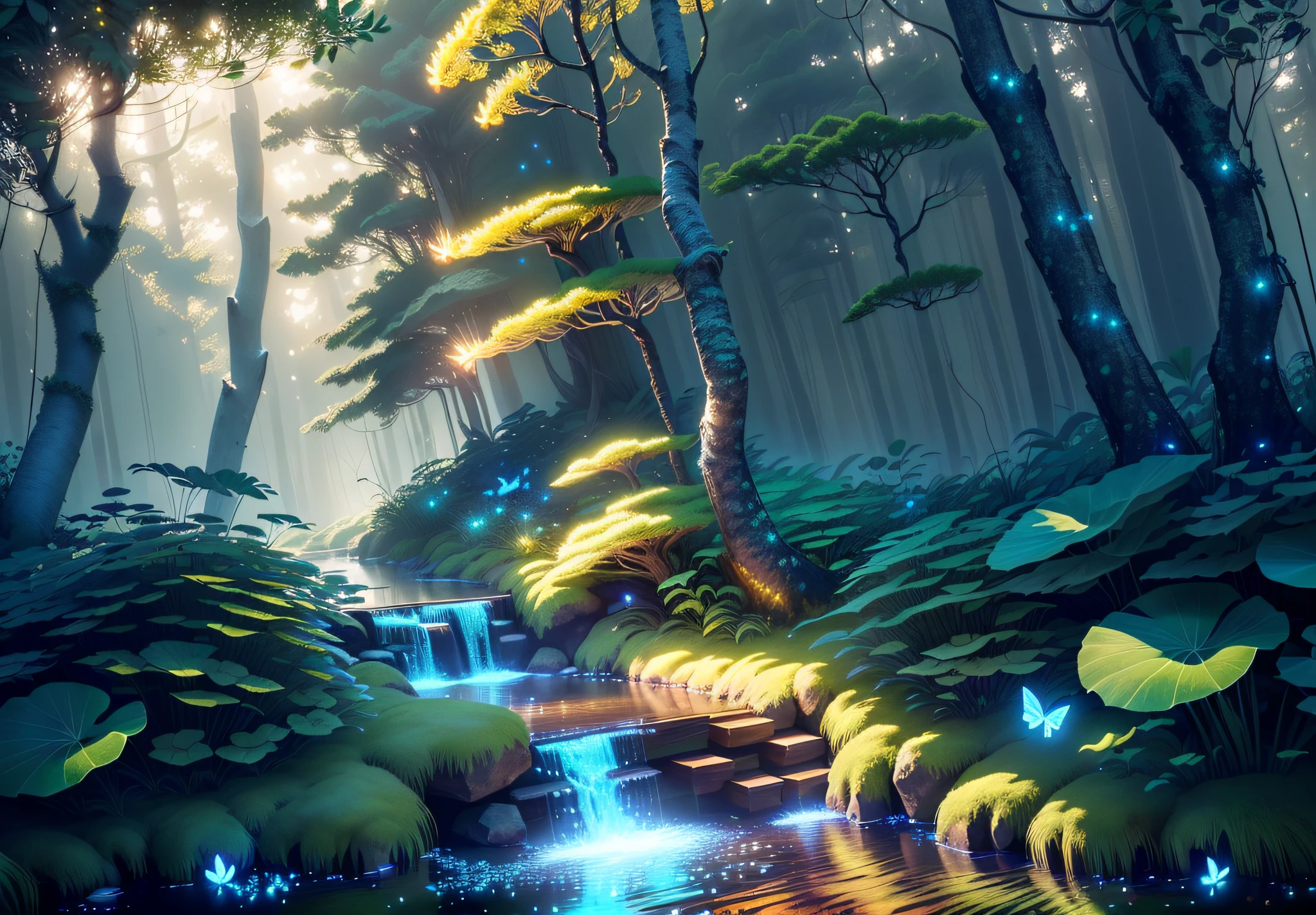Masterpiece, best quality, (very detailed CG unity 8k wallpapers), (best quality), (best illustrations), (best shadows), forest theme with natural elements. Tall trees, quiet streams, glowing little mushrooms, surrounded by delicate leaves and branches, with fireflies and glowing particle effects,, (natural elements), (jungle theme), (leaves), (branches), ( fireflies), butterflies, (delicate leaves), (glow), (particle effects). , isometric 3D, Octane rendering, ray tracing, super detailed
