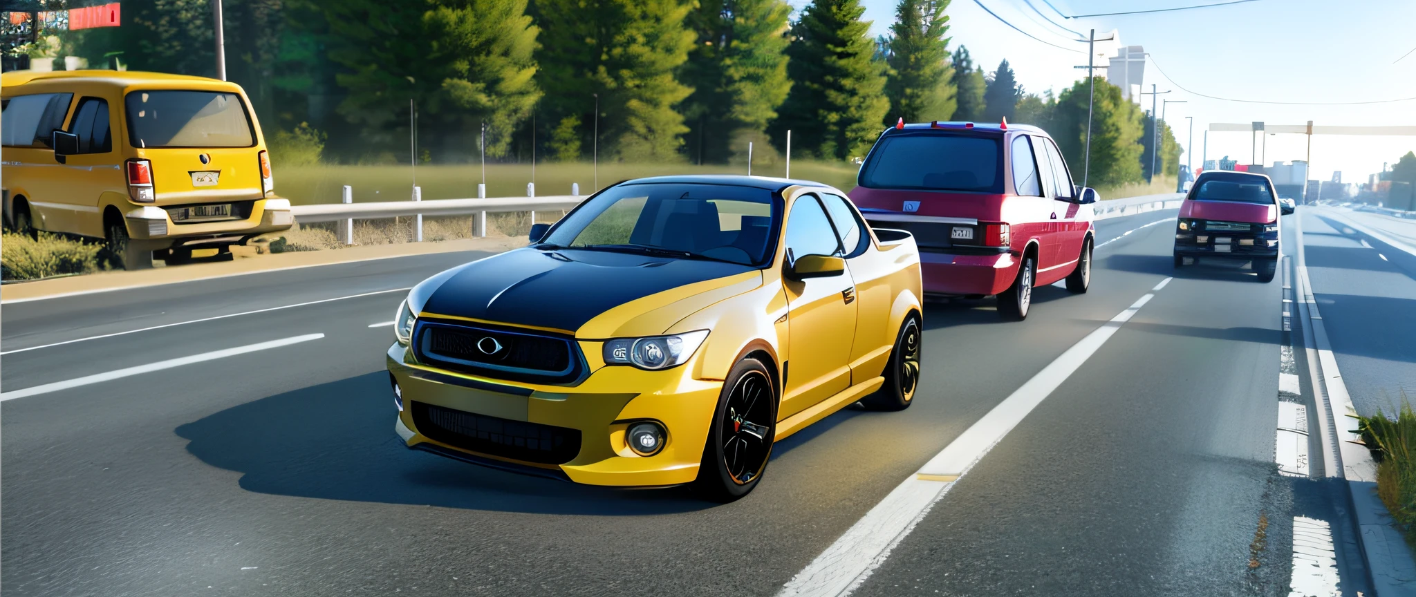 arafed yellow car driving down a highway with a truck behind it, realistic cars, light transport simulation, car trading game, realistic unreal engine 3 d game, realistic graphics, ultra-realistic graphics, a hyper realistic, highly realistic unreal engine, beautiful screenshot, semi - realistic render, driving, cars on the road, photorealistic screenshot, car on highway