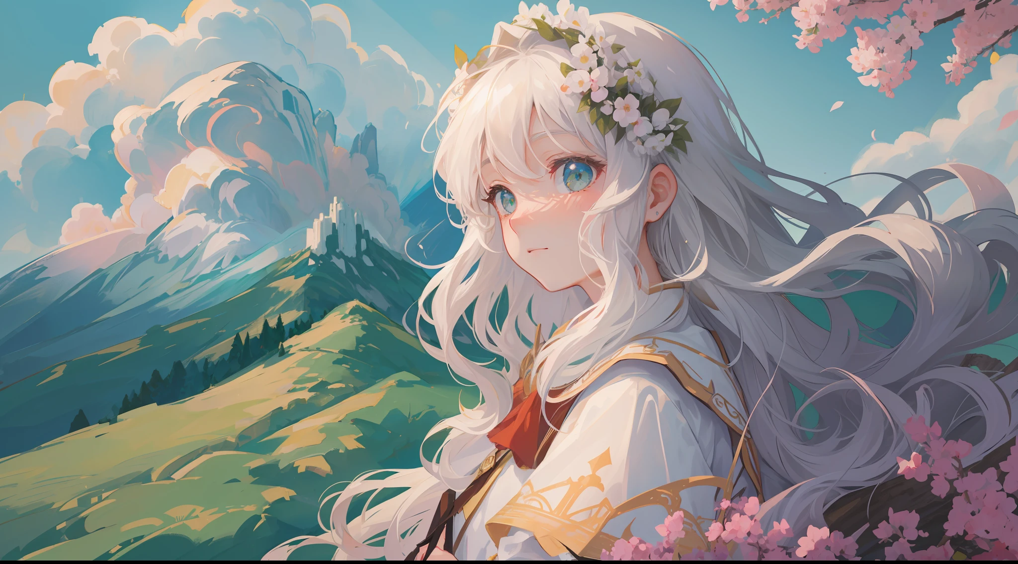 (1girl:1.2), slight blush, hands down, wavy hair, long hair, fluffy hair, white hair, green eyes, sakura tree, hair flower, capelet, lace trim, bodice, wind, winter, mountain range, mountain sitting near mountain, detailed water, sparkling eyes, light smile, peaceful, extremely detailed, depth of field, cinematic lighting, Ghibli-like colours, high detail, scenery, high place, horizon, wind, wind blow, looking at viewer, lolita clothes, 8k, bokeh, from side, award winning, (masterpiece:1.2), best quality, anatomically correct, perfect hands