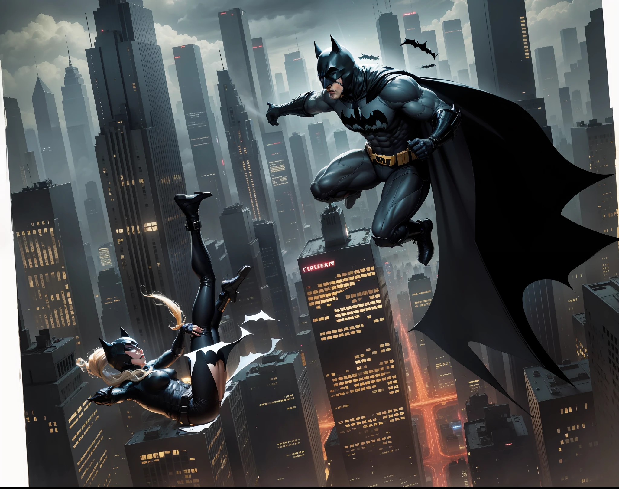 batman with face of ben aflec cm mask tries to rescue corinda from falling from a spider sky city bac ground gothan city --auto --s2